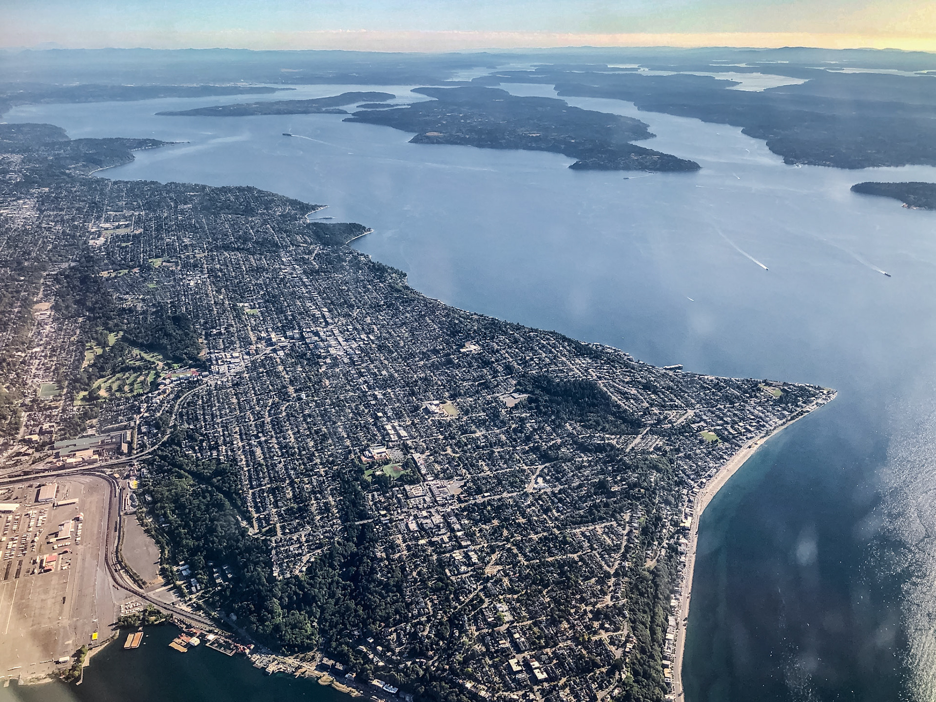 Leaving Seattle-Tacoma Intl Airport with views up Puget Sound