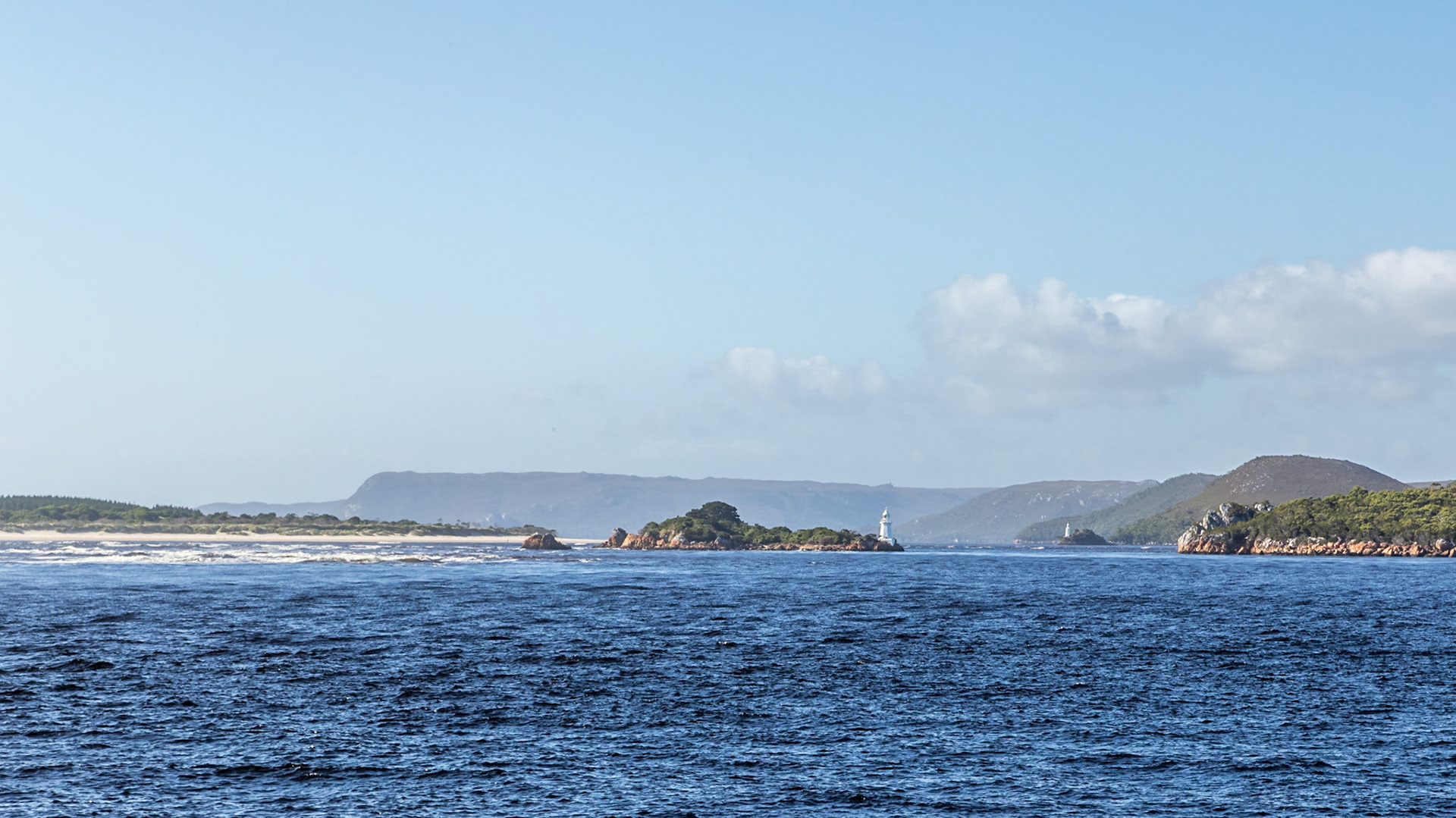Hells Gates viewed from the sea; the entrance to Macquarie Harbour.