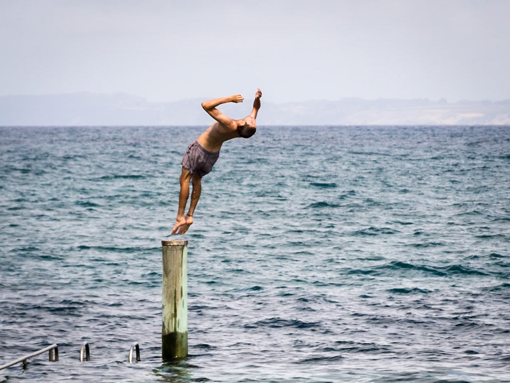 Backflip. At the Burgess Cove Boat Ramp. Rocky Cape National Park.