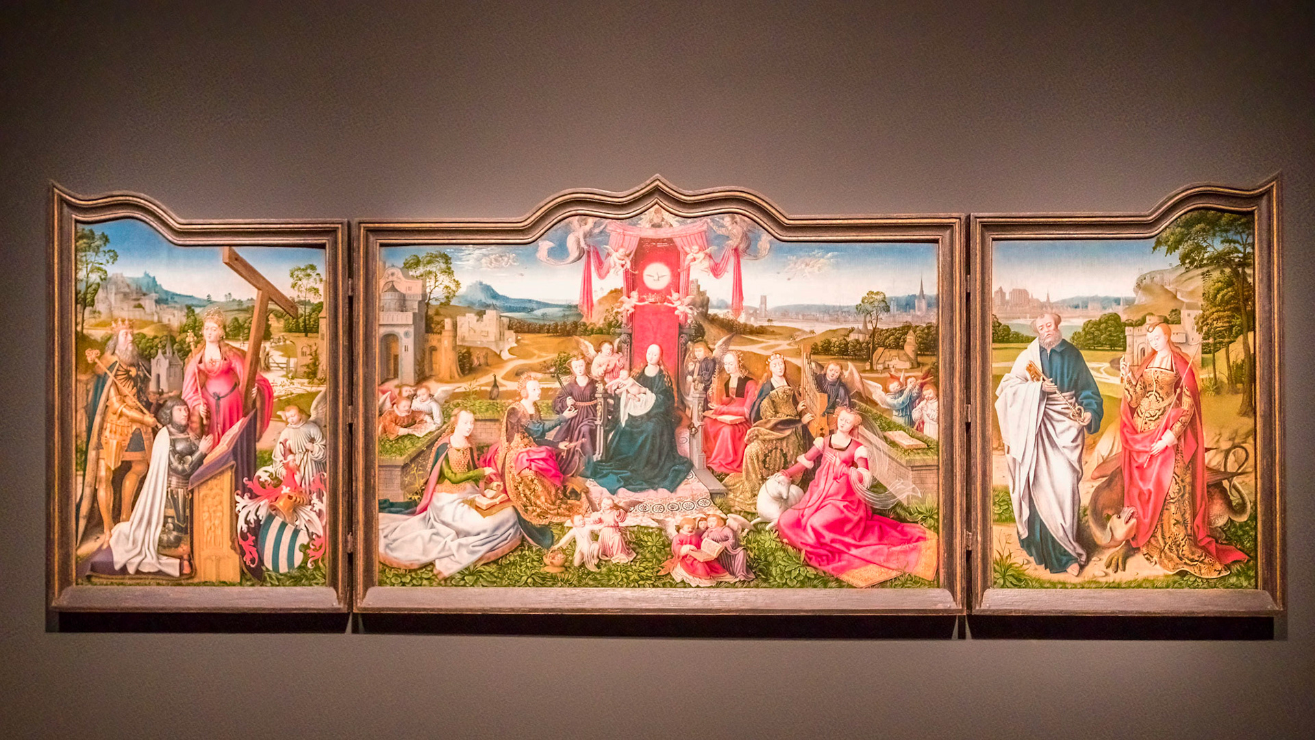Virgin and Child with Saints. Triptych of the Madonna and Child with Saints and Angel Musicians in a Hortus Conclusus (Centre Panel); St Henry. St Helena and donor (left-hand shutter panel); St peter and St Margaret (right-hand shutter panel).