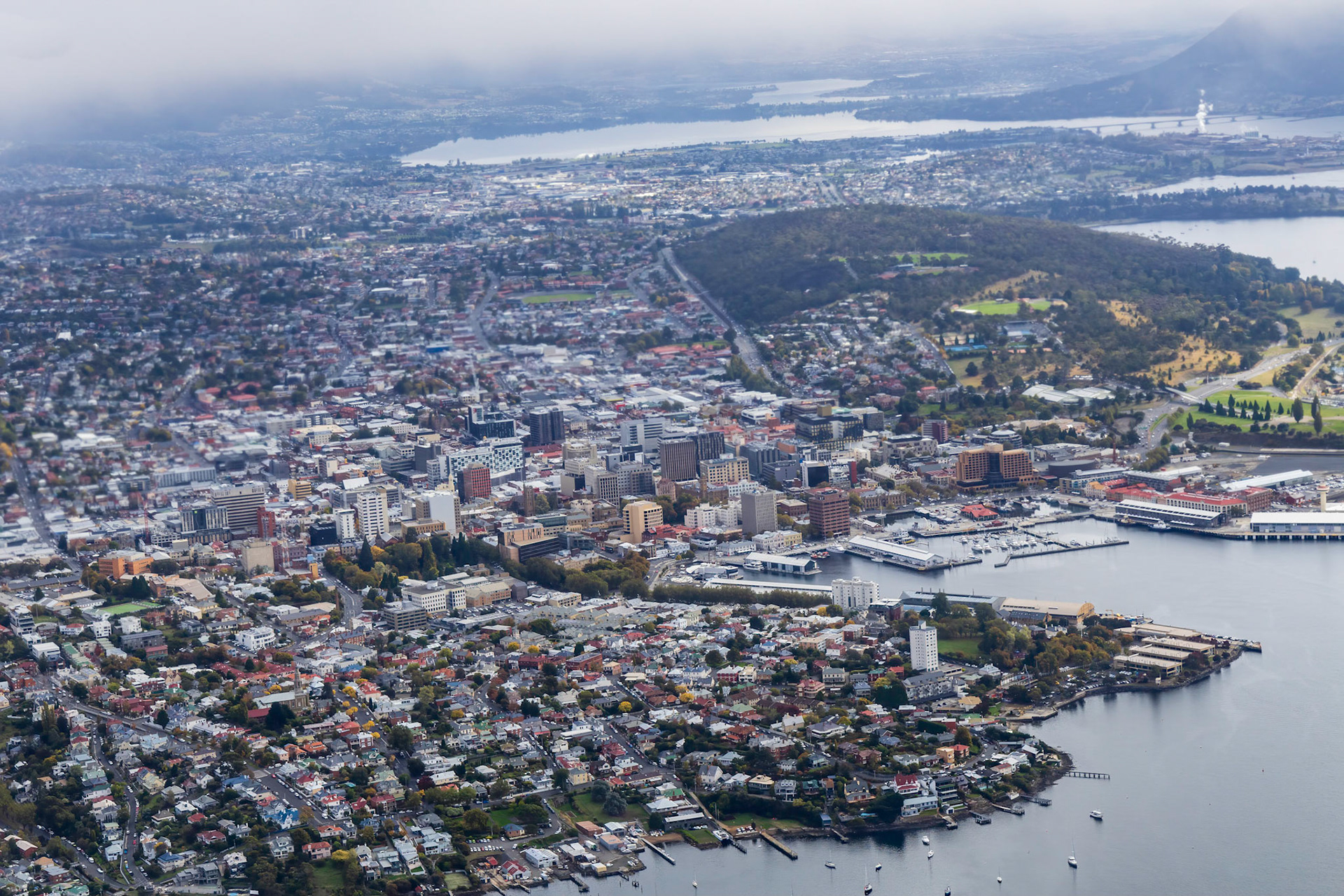 Flight departing Hobart; the city centre.