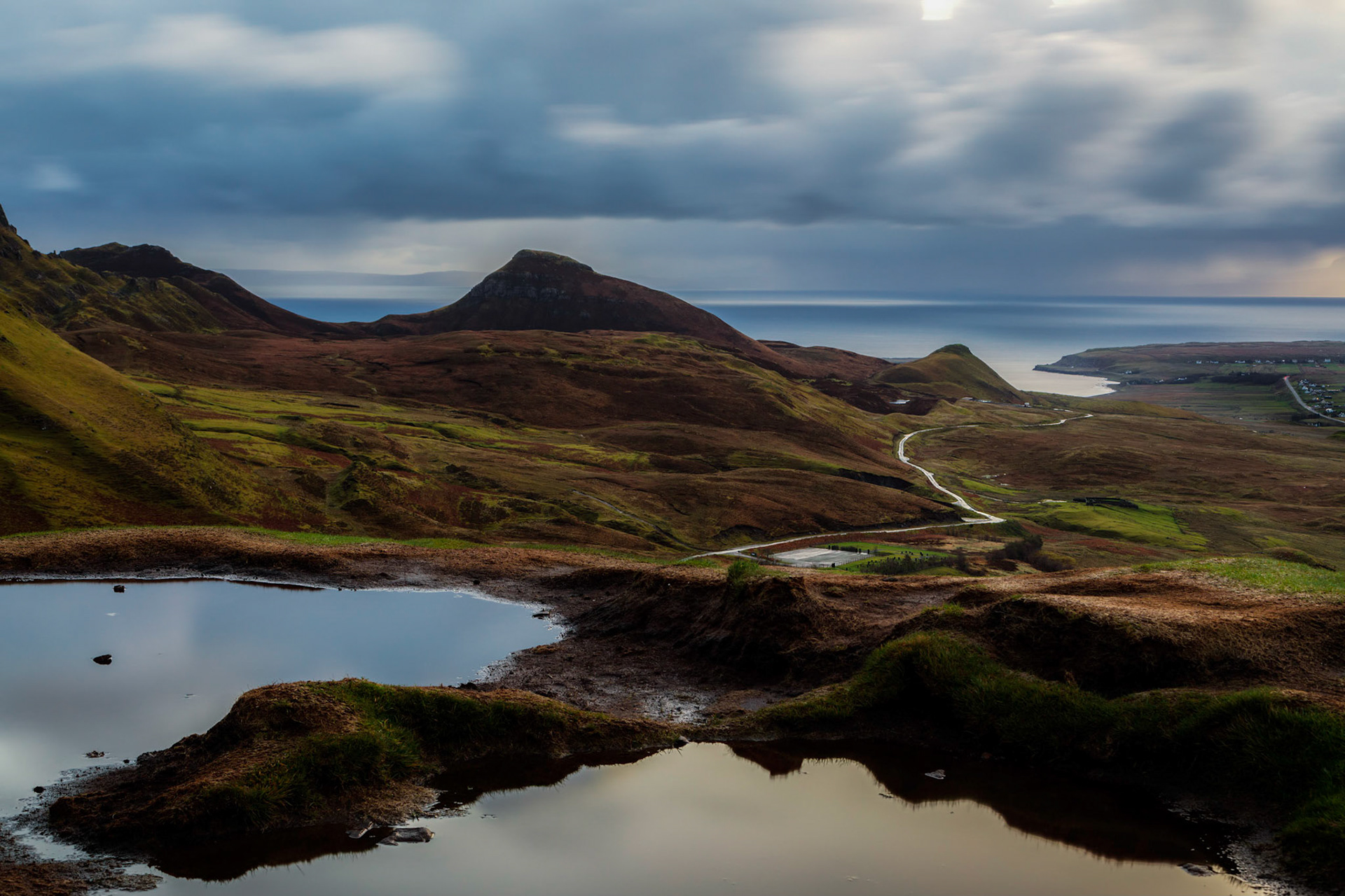 Ribbon of road in the dawn light, up to The Quiraing.