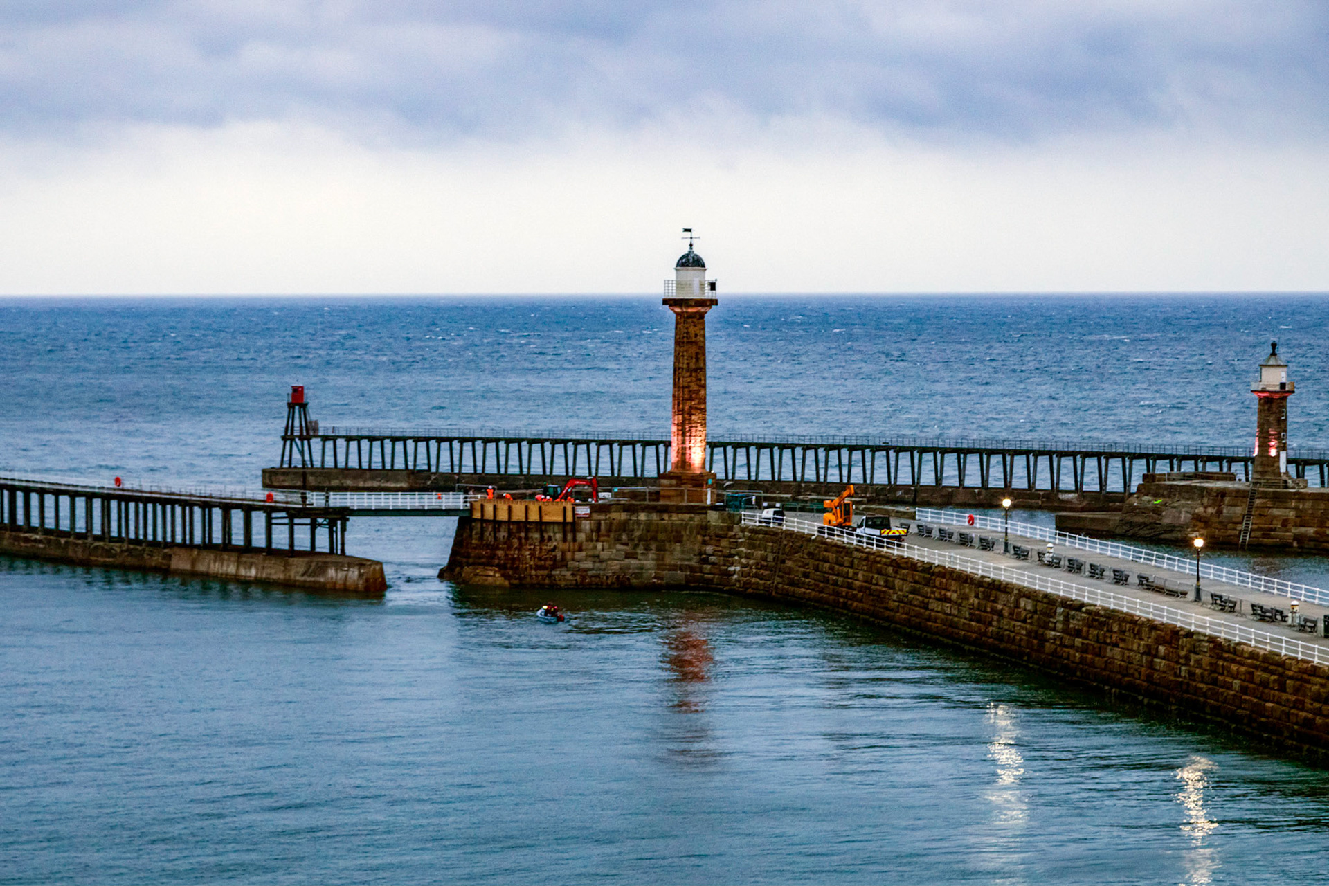 Breakwaters at the entrance to Whitby Harbour, late afternoon.