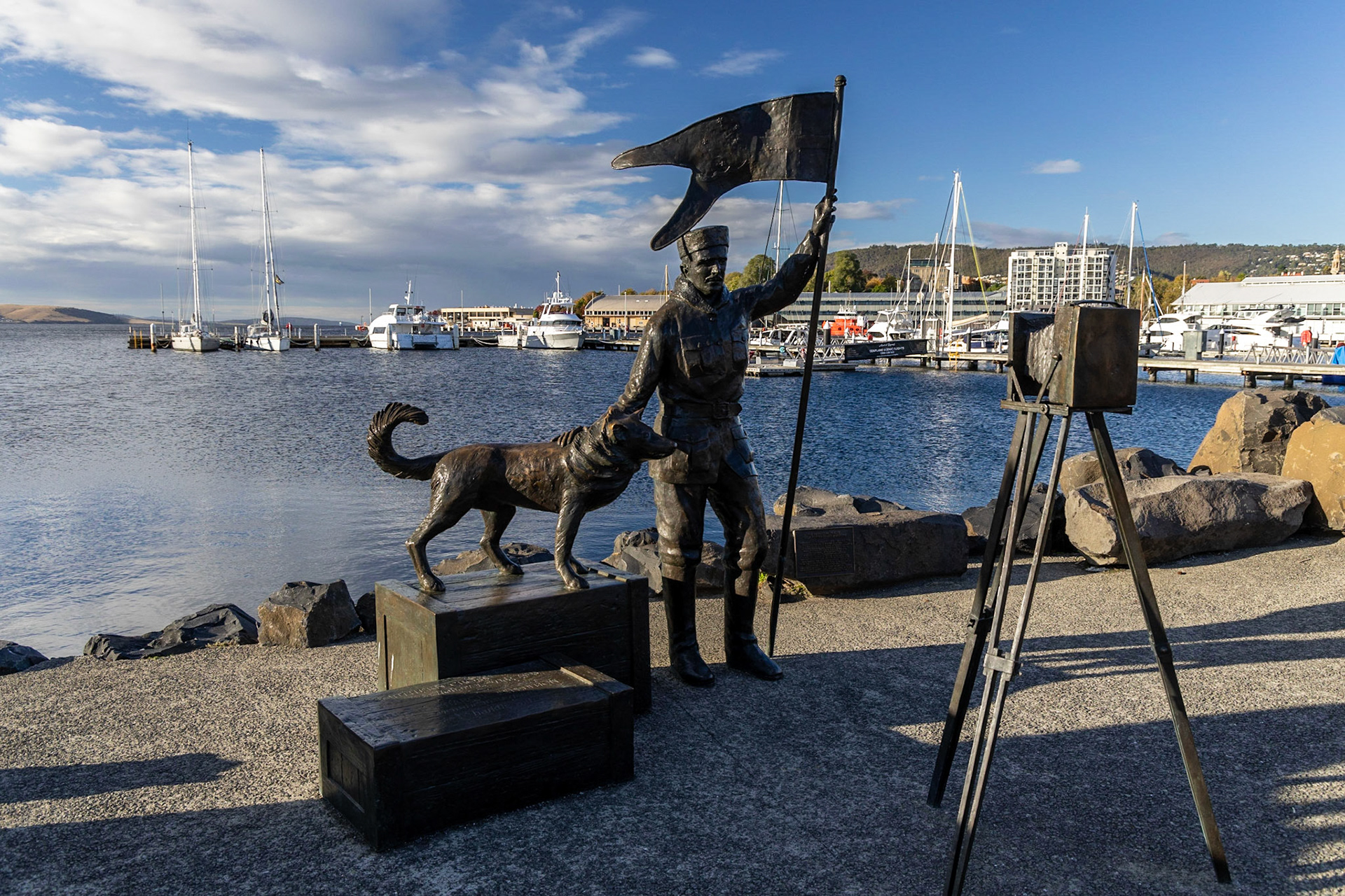 Hobart Harbour; Antarctic explorer sculptures