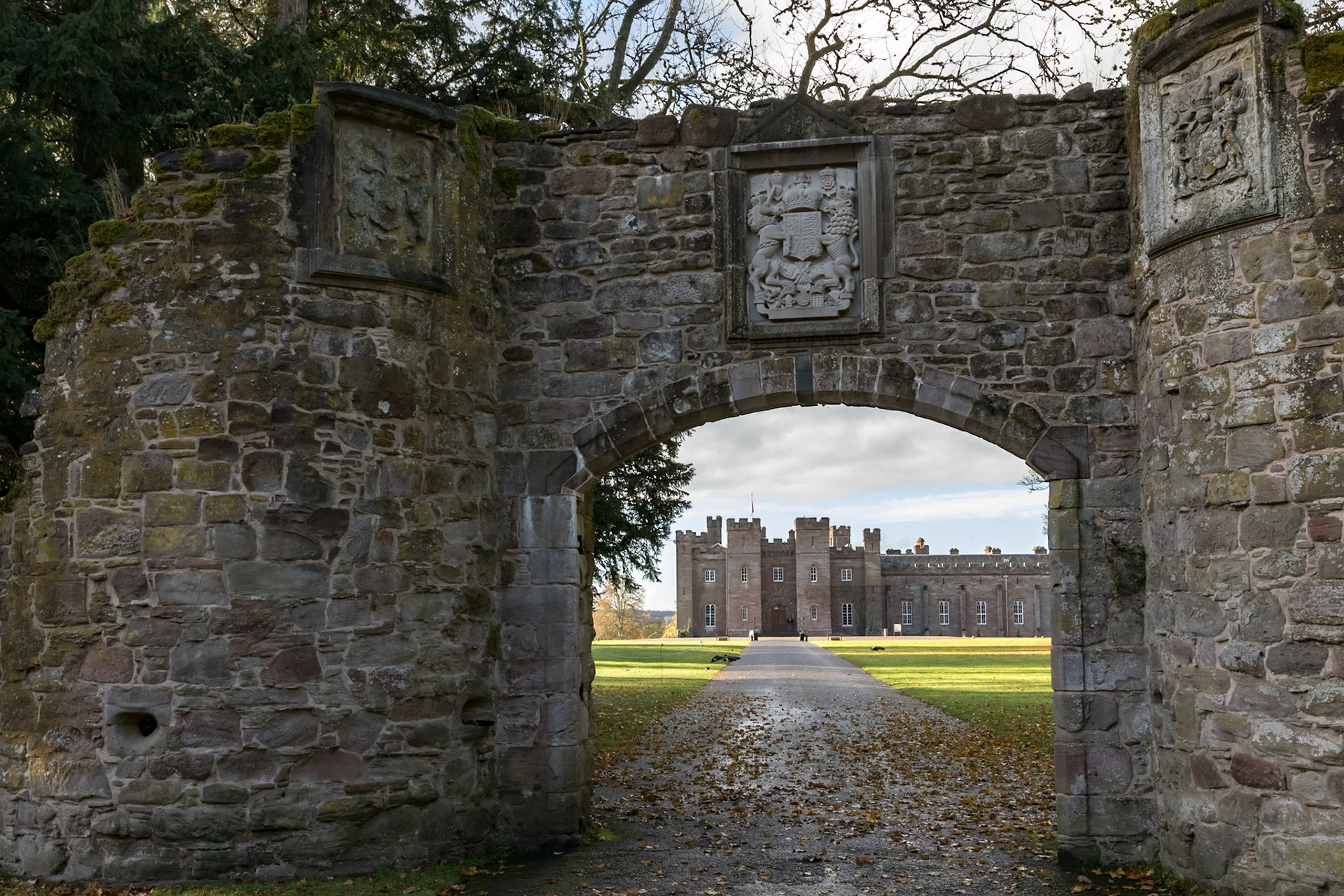 View of Scone Palace through the ancient palace wall portal