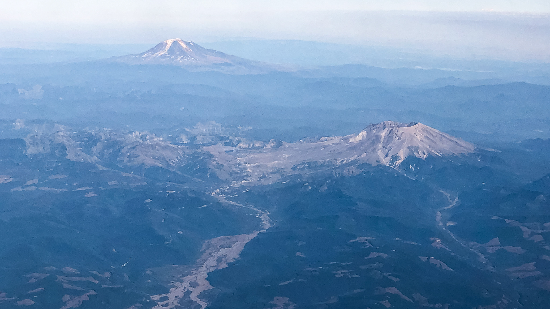 Mt. St Helens (major eruption May 18th,  1980) with Mt Adams