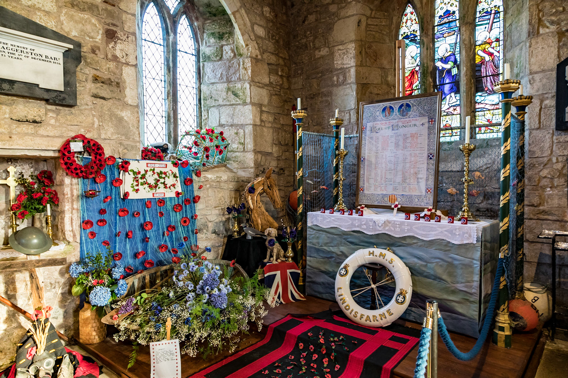 Chapel decorated for Armistace Day . Parish Church of St Mary the Virgin. Holy Island.