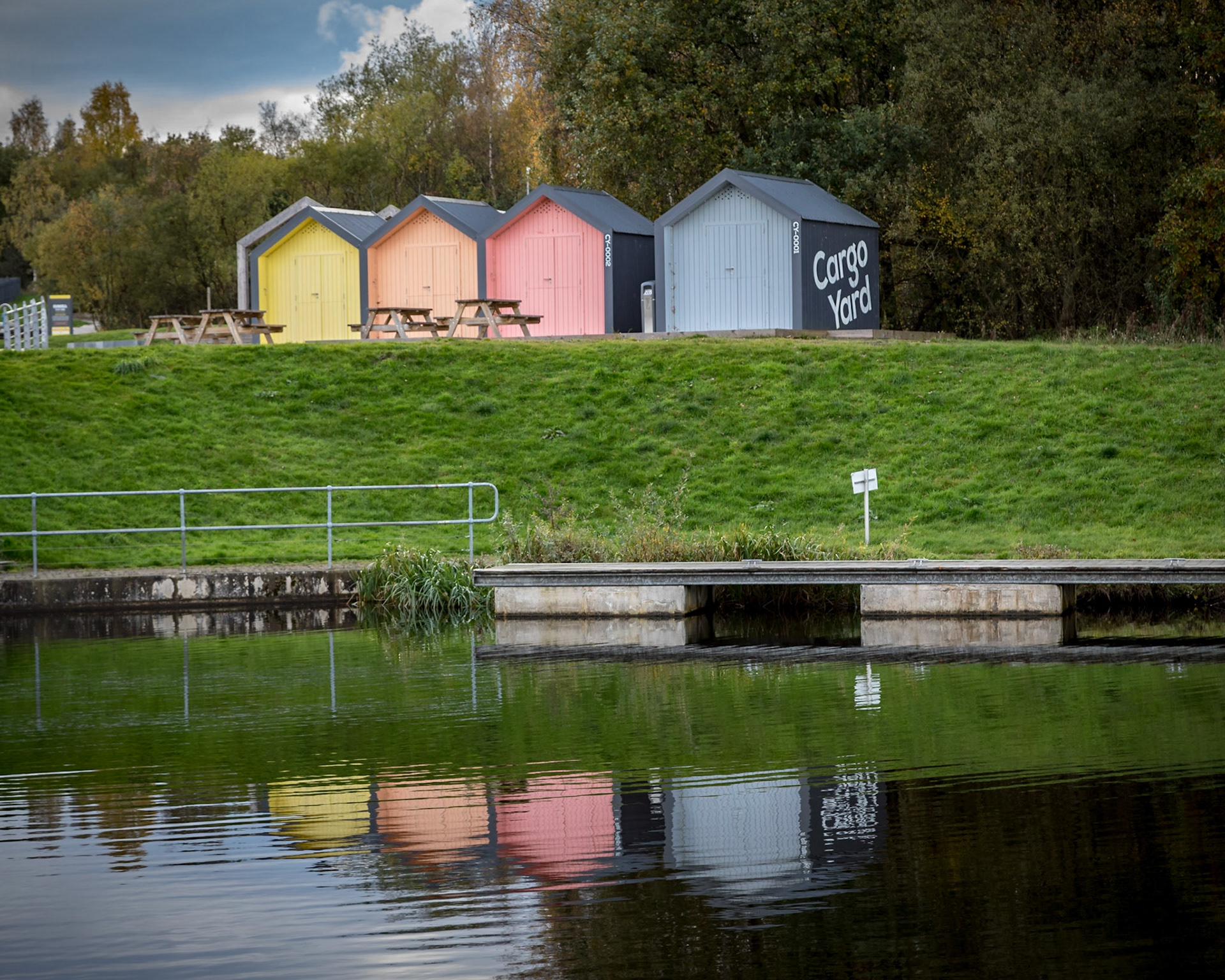 Coloured huts by the Forth & Clyde Canal