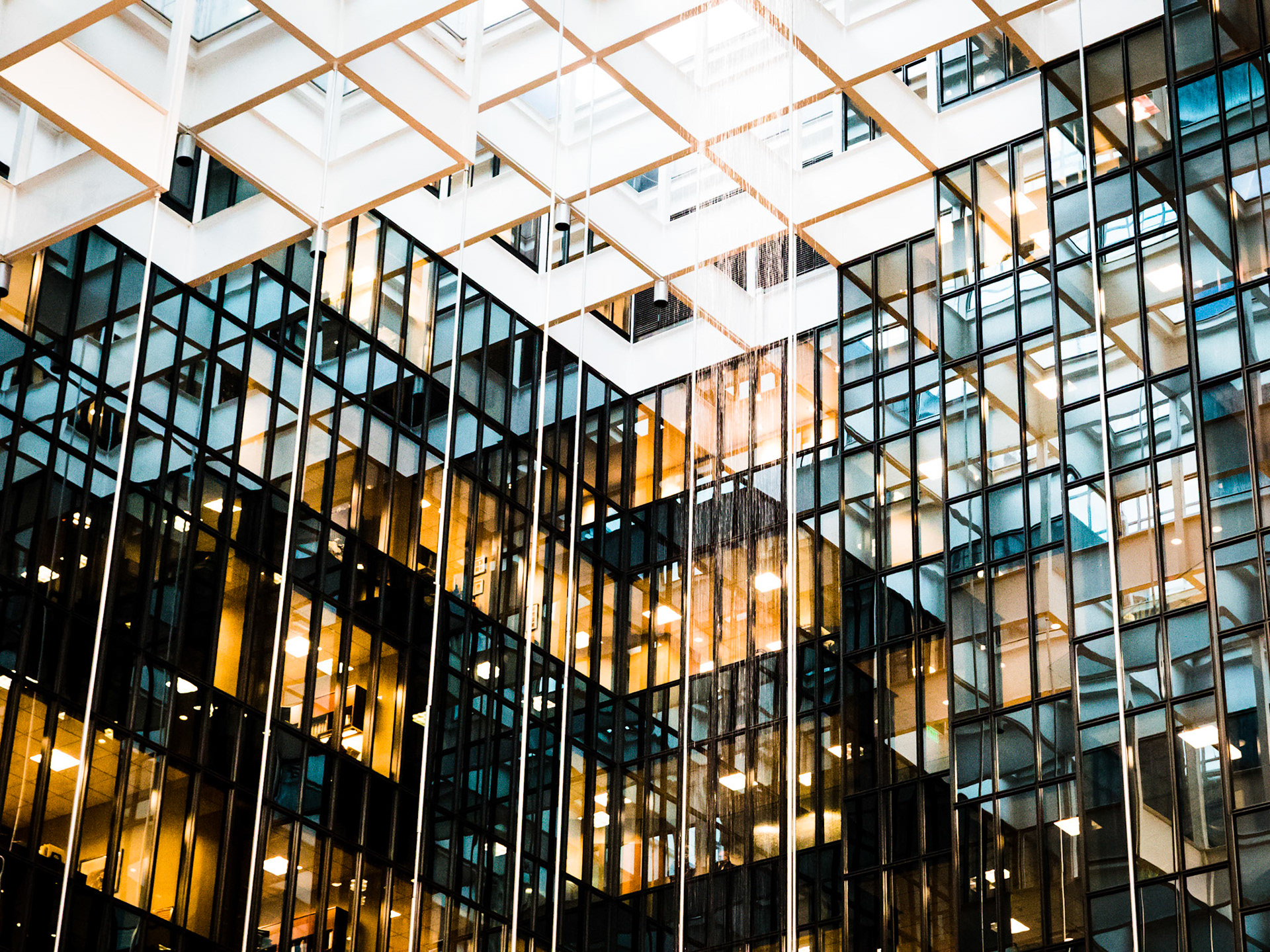 Rain in building complex central atrium