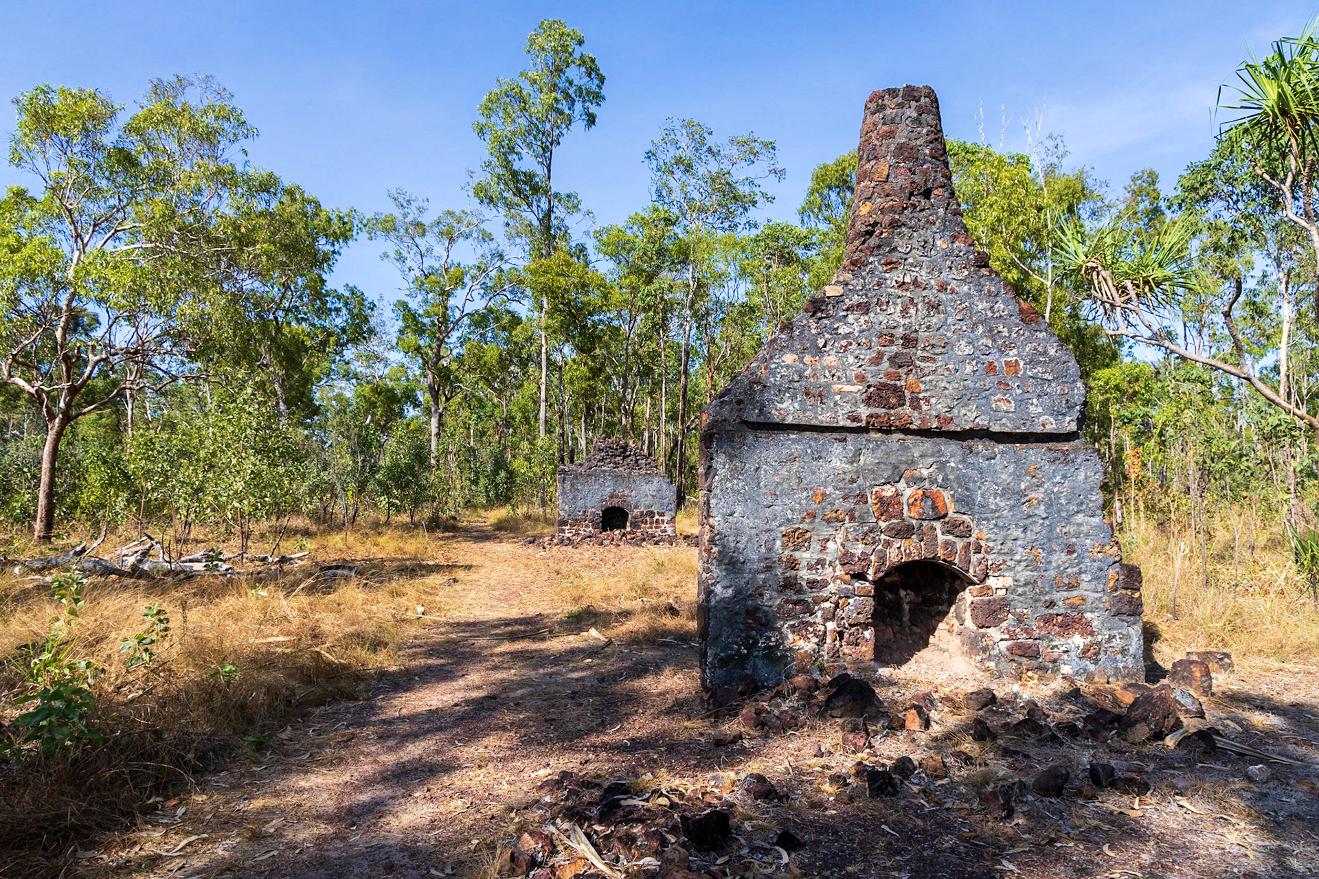 Victoria Settlement; fireplace and chimney relics of cottages