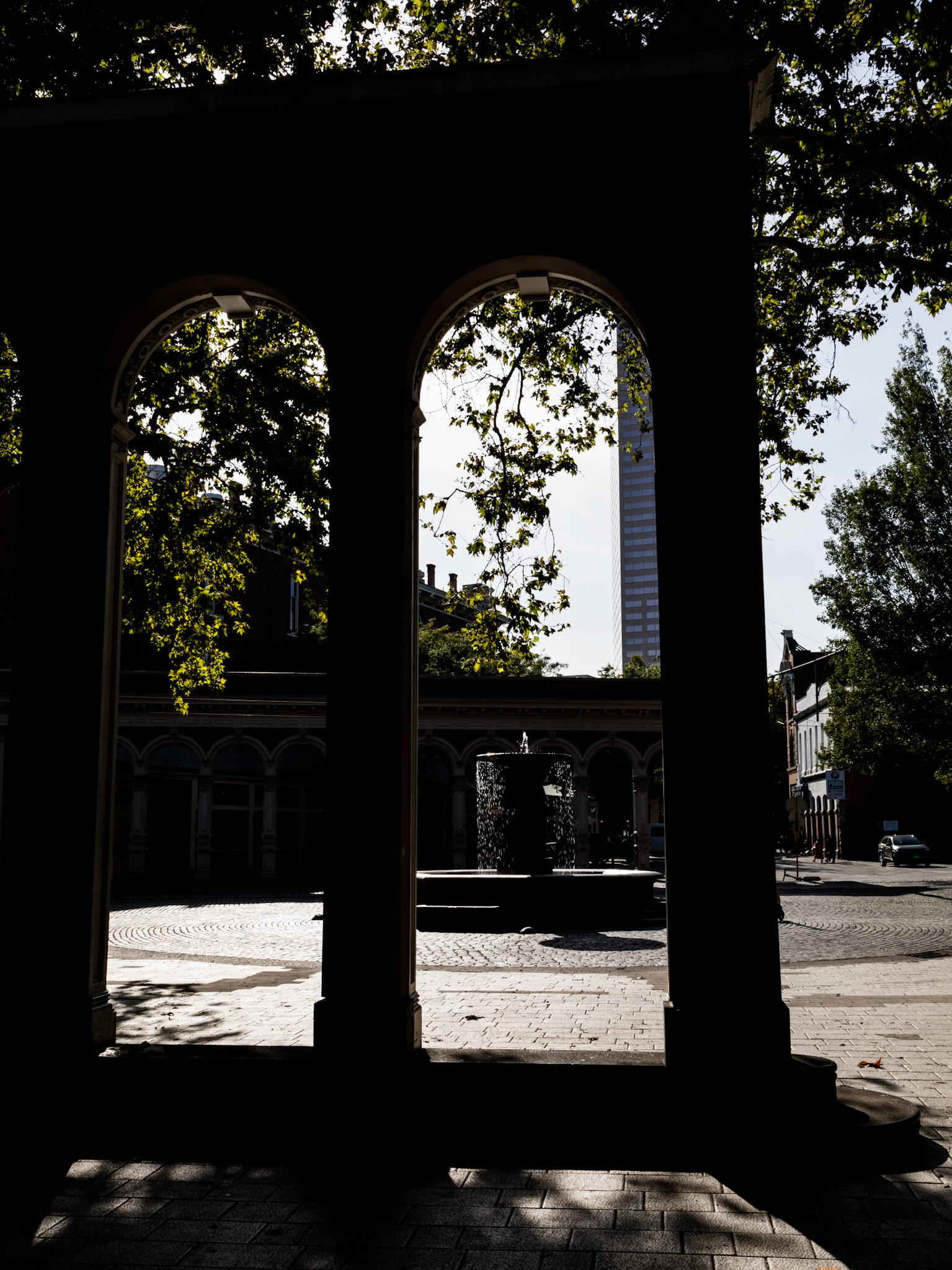 A view of the Skidmore Fountain