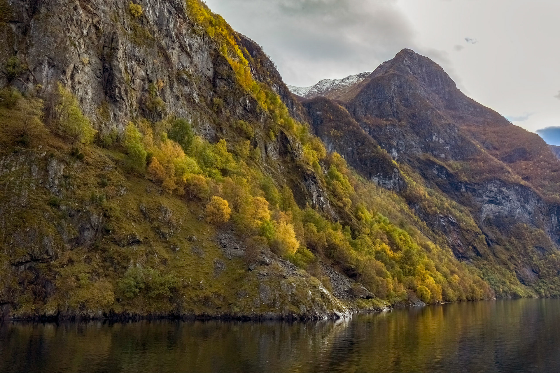 Passing through the Nærøyfjord. On the 'Vision of the Fjords' boat from Flåm to Gudvangen, late afternoon.