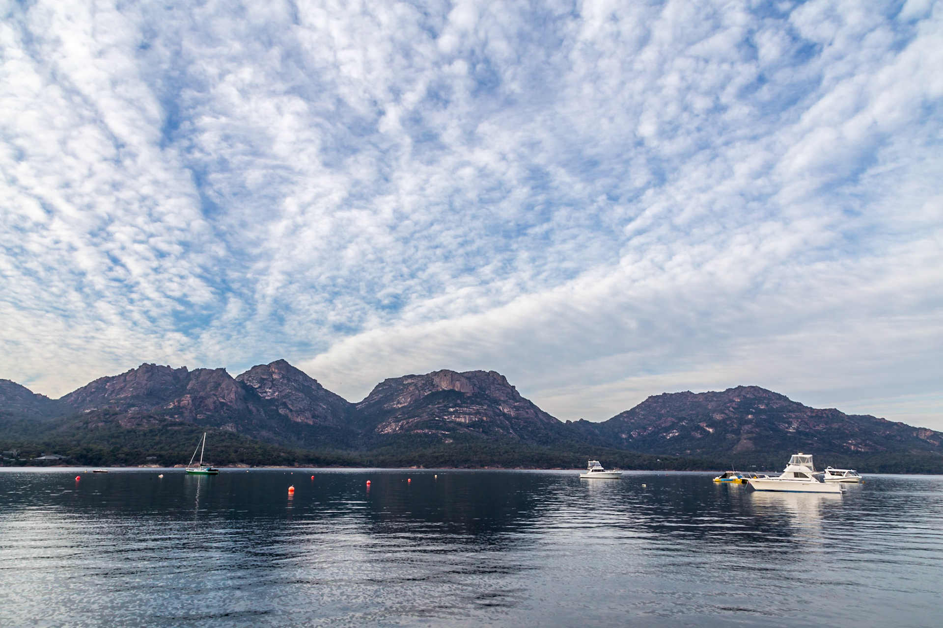 From the Coles Bay Jetty, looking across to The Hazards hills.
