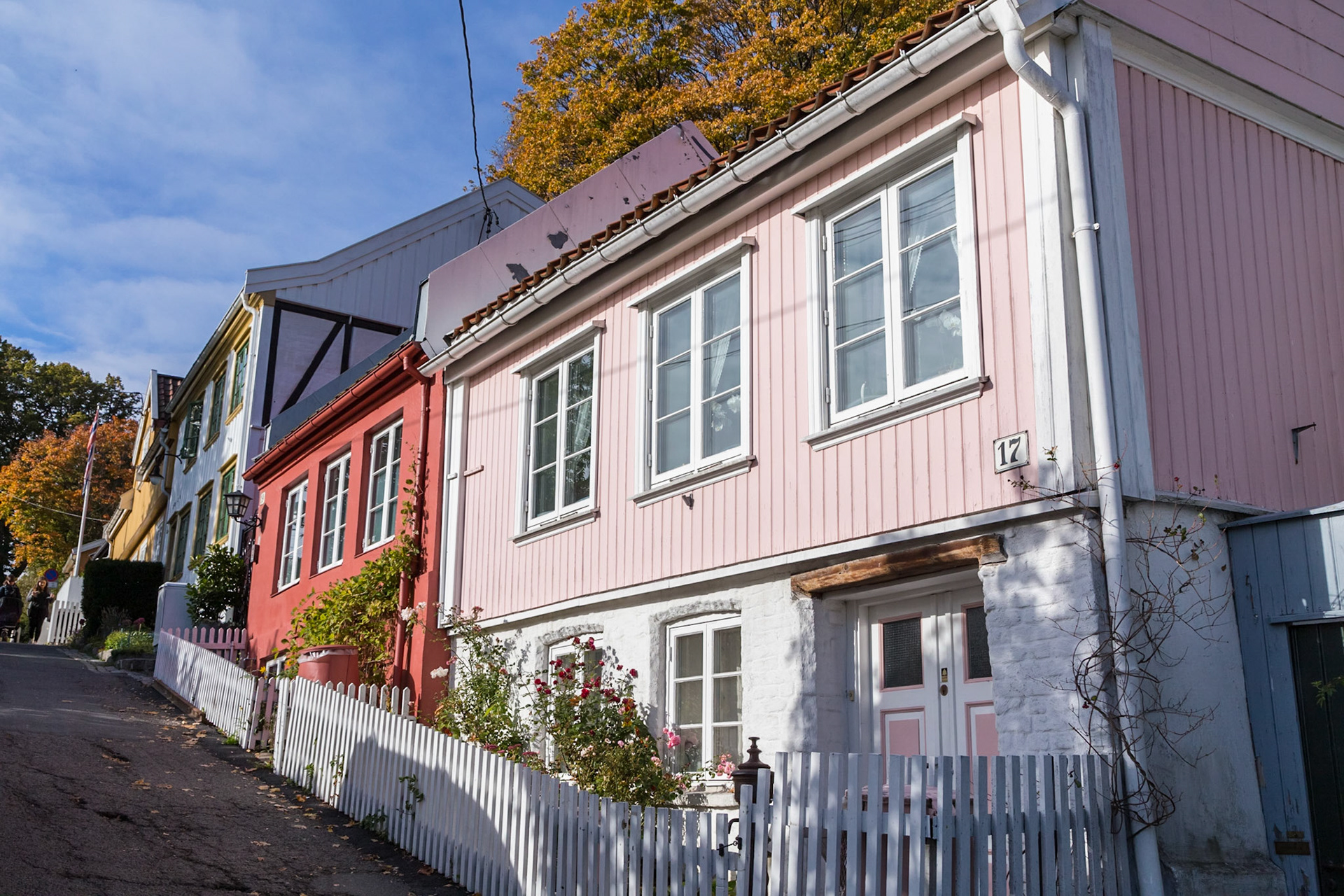 Along Telthusbakken inner Oslo. Streetscape of mostly traditional-style houses.
