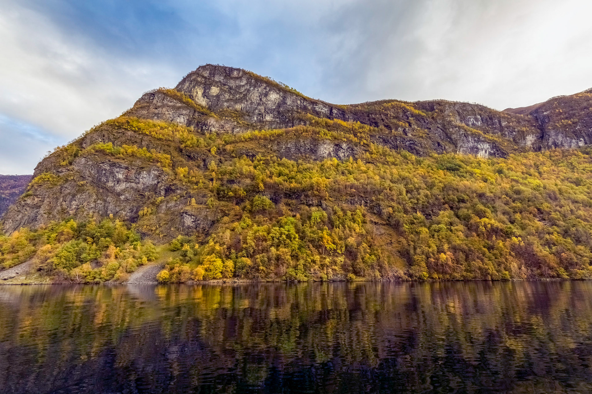 Passing through the Nærøyfjord. On the 'Vision of the Fjords' boat from Flåm to Gudvangen, late afternoon.