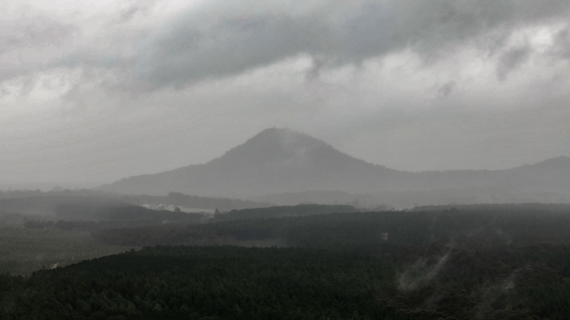 Rainy afternoon view of Glasshouse Mountains