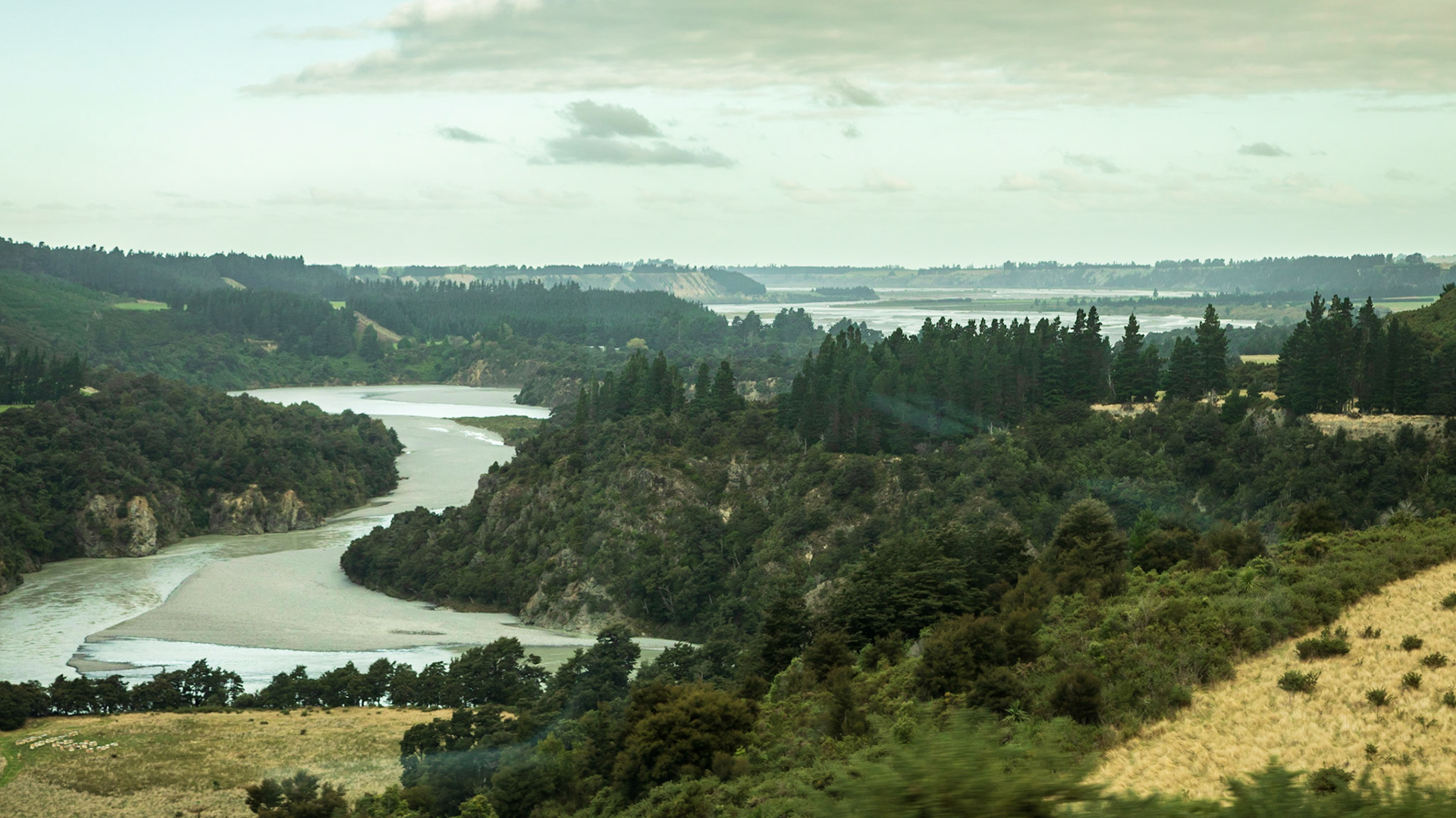 A view from the TranzAlpine train; coming down on to the Canterbury Plain