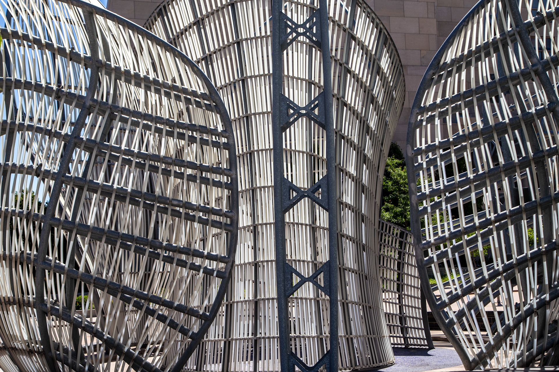 Detai of sculpture in front of the Lindsay-Flanigan Courthouse.