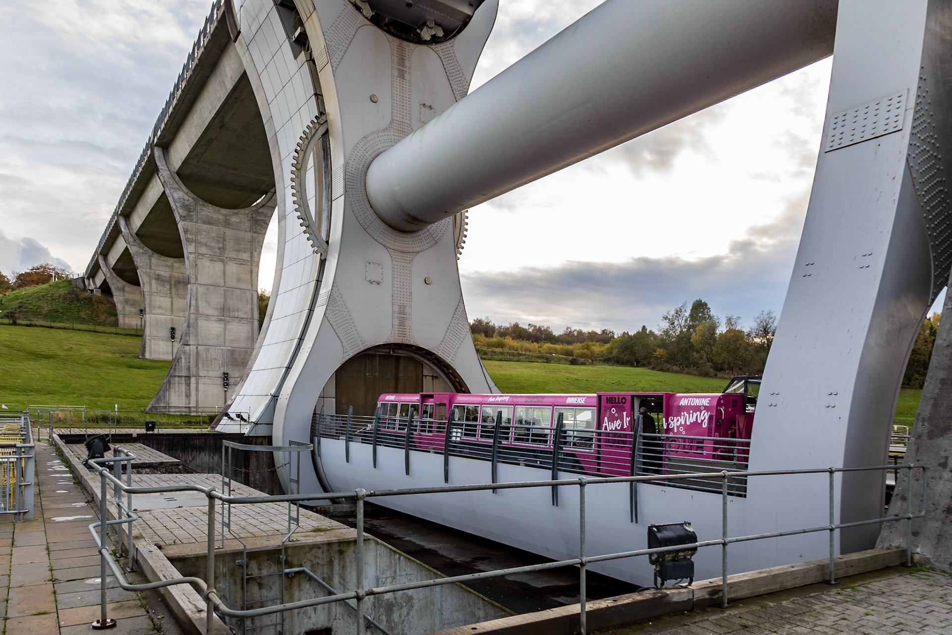 Falkirk Wheel. A rotating boat lift that raises water vessels 35 metres from the Forth & Clyde Canal to the Union Canal.