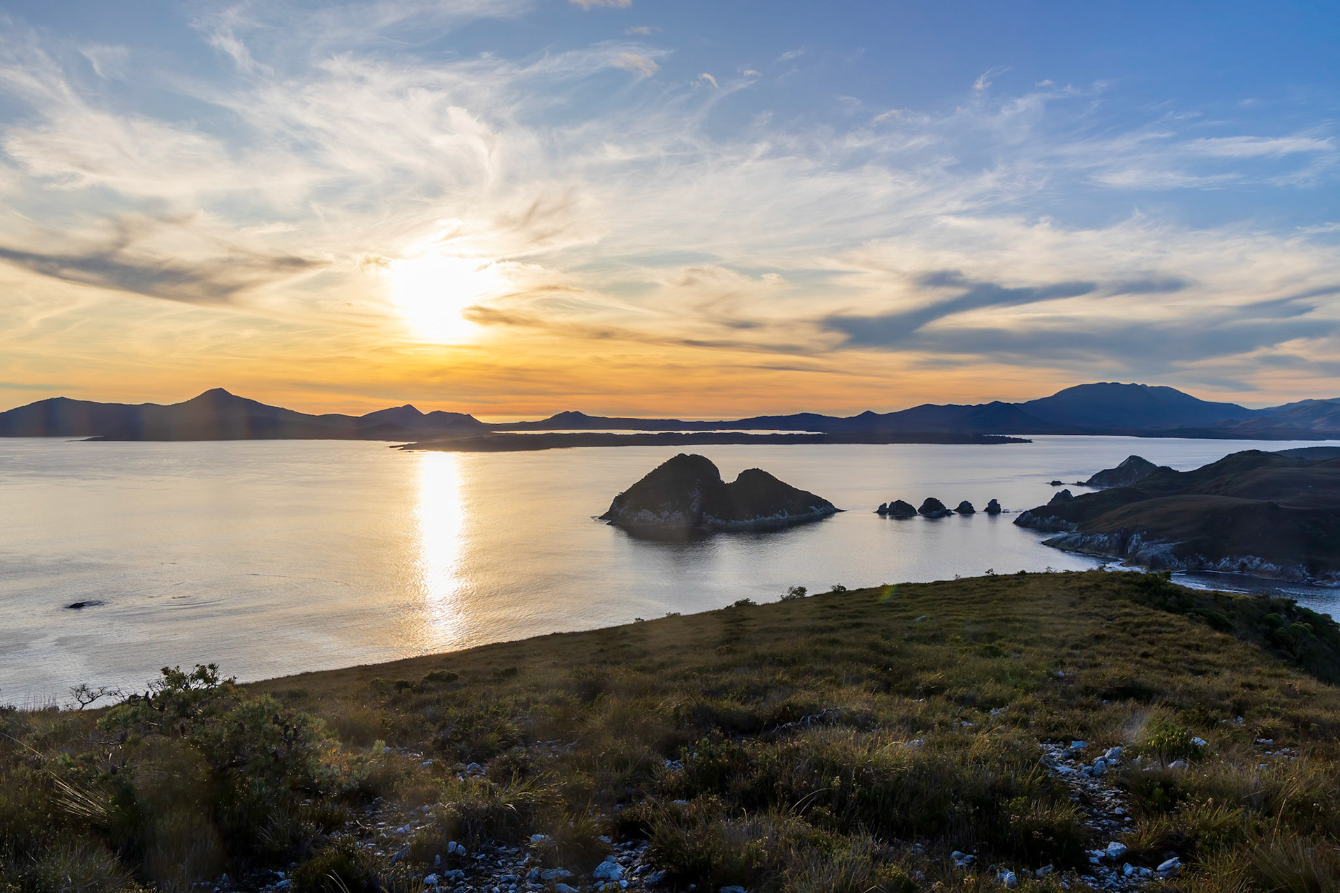 From Mount Milner; looking west across the Breaksea Islands in late afternoon light