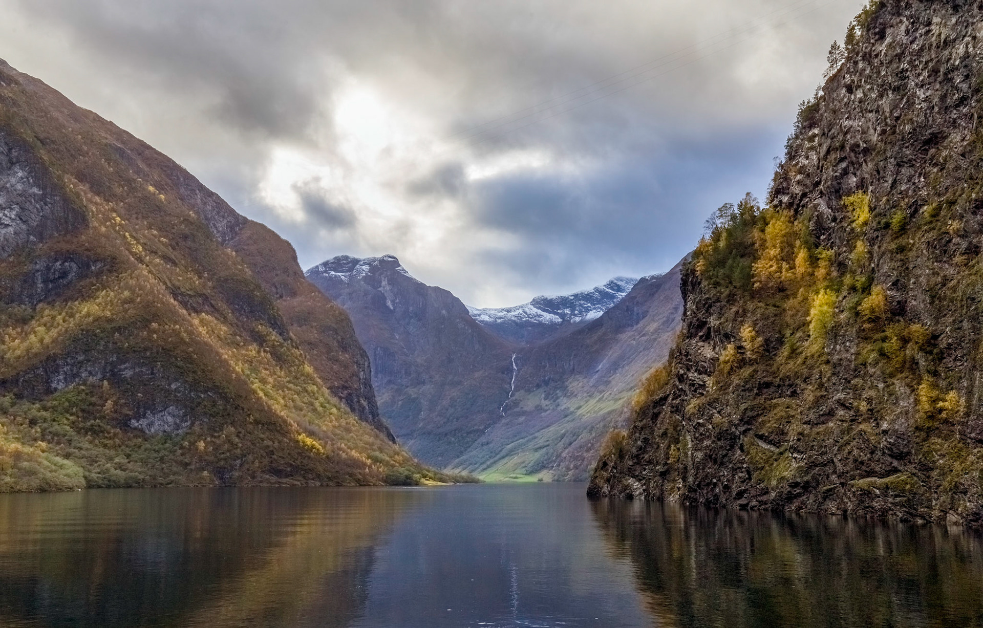 Passing through the Nærøyfjord. On the 'Vision of the Fjords' boat from Flåm to Gudvangen, late afternoon.