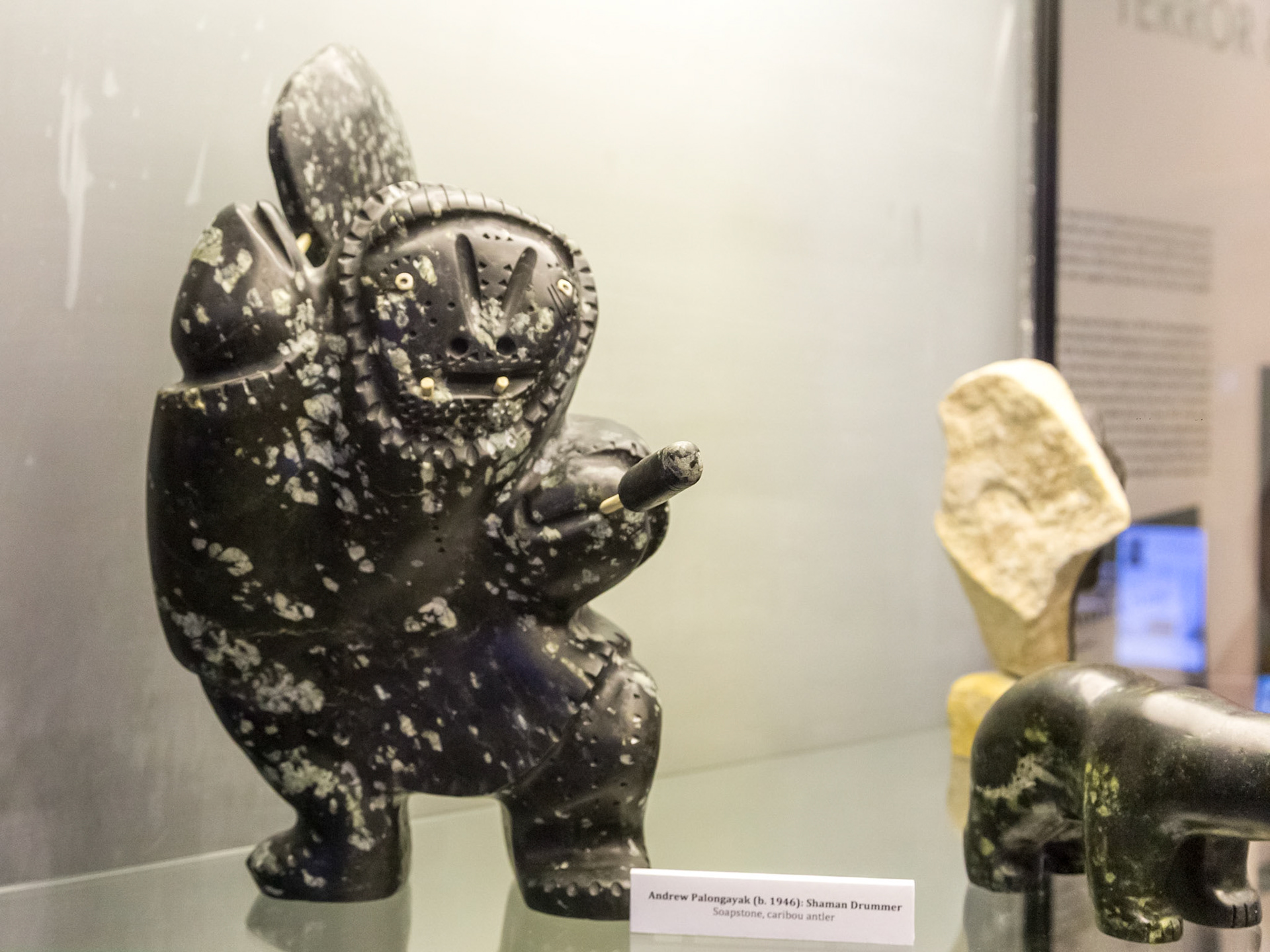 'Shaman Drummer' ; Soapstone, caribou antler. In the Fram Museum