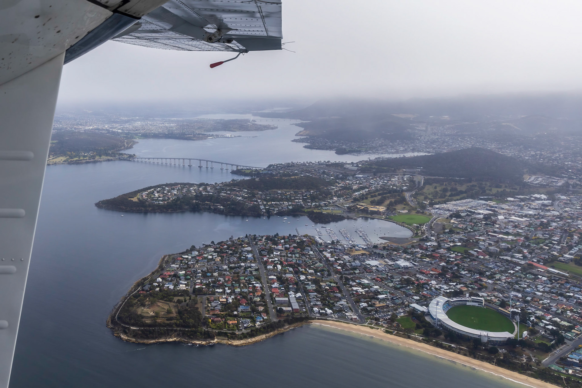 Flight departing Hobart; the Tasman Bridge.