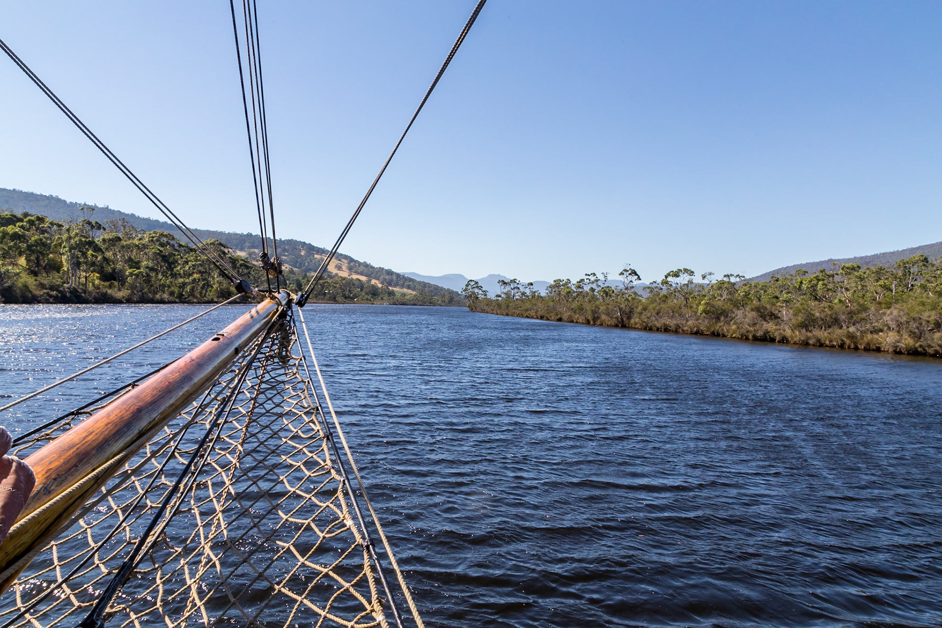 On the ketch 'Yukon' sailing on the Huon River. Heading north, up-river.