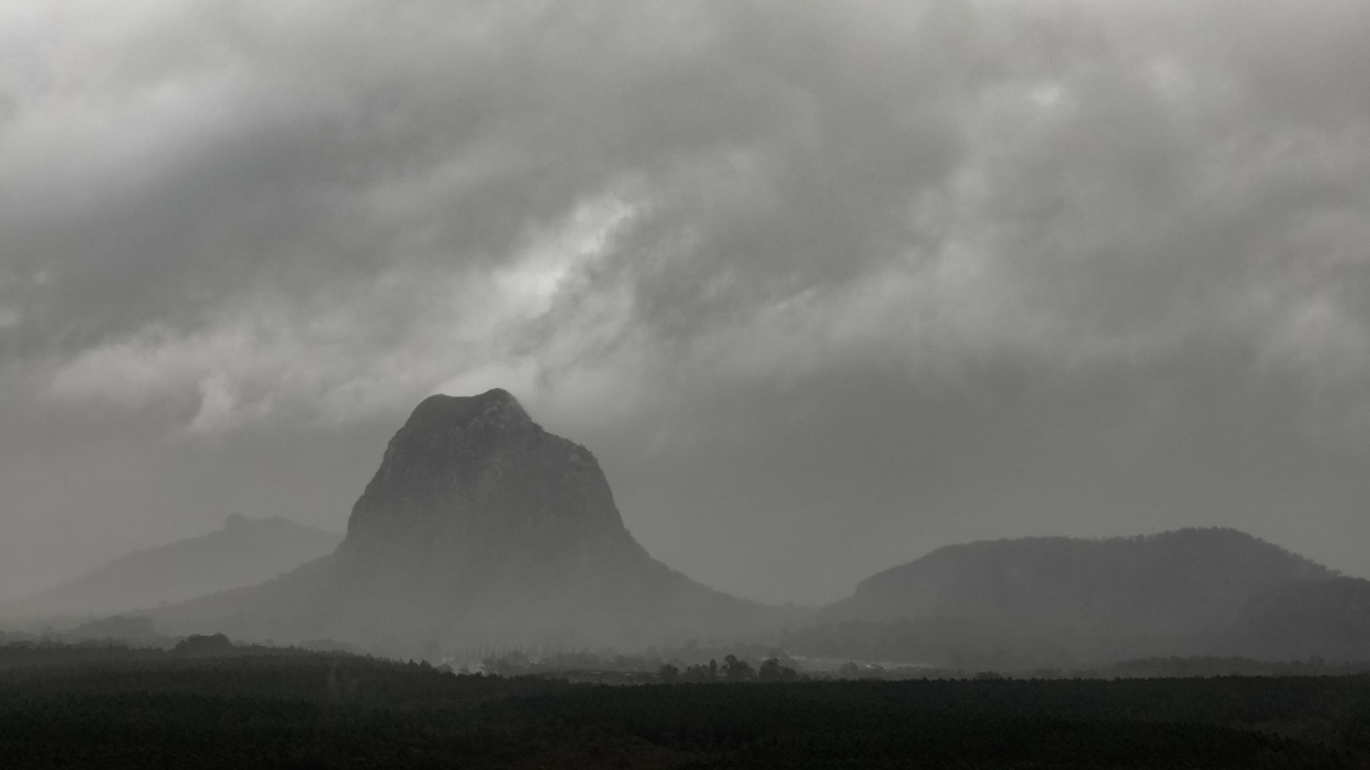 Rainy afternoon view of Glasshouse Mountains