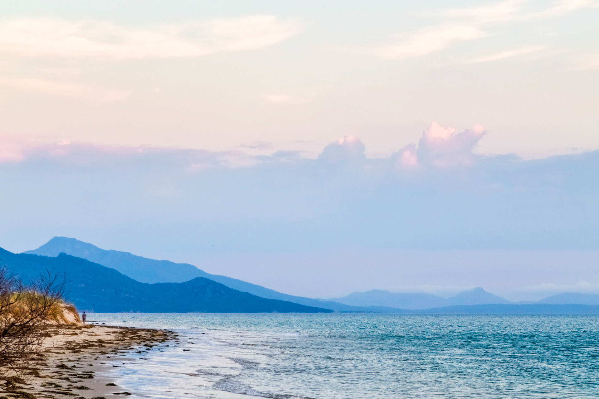After the sunset on Great Oyster Bay, from Sandpiper Beach. Mt Freycinet (620m) in the left background.