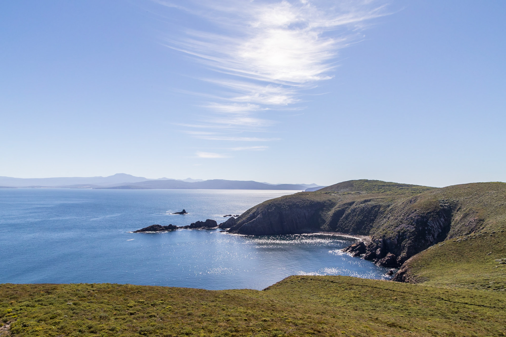 From the Cape Bruny Lighthouse, view to the West across Standaway Bay towards Southport on the opposite shore and Mount La Perouse