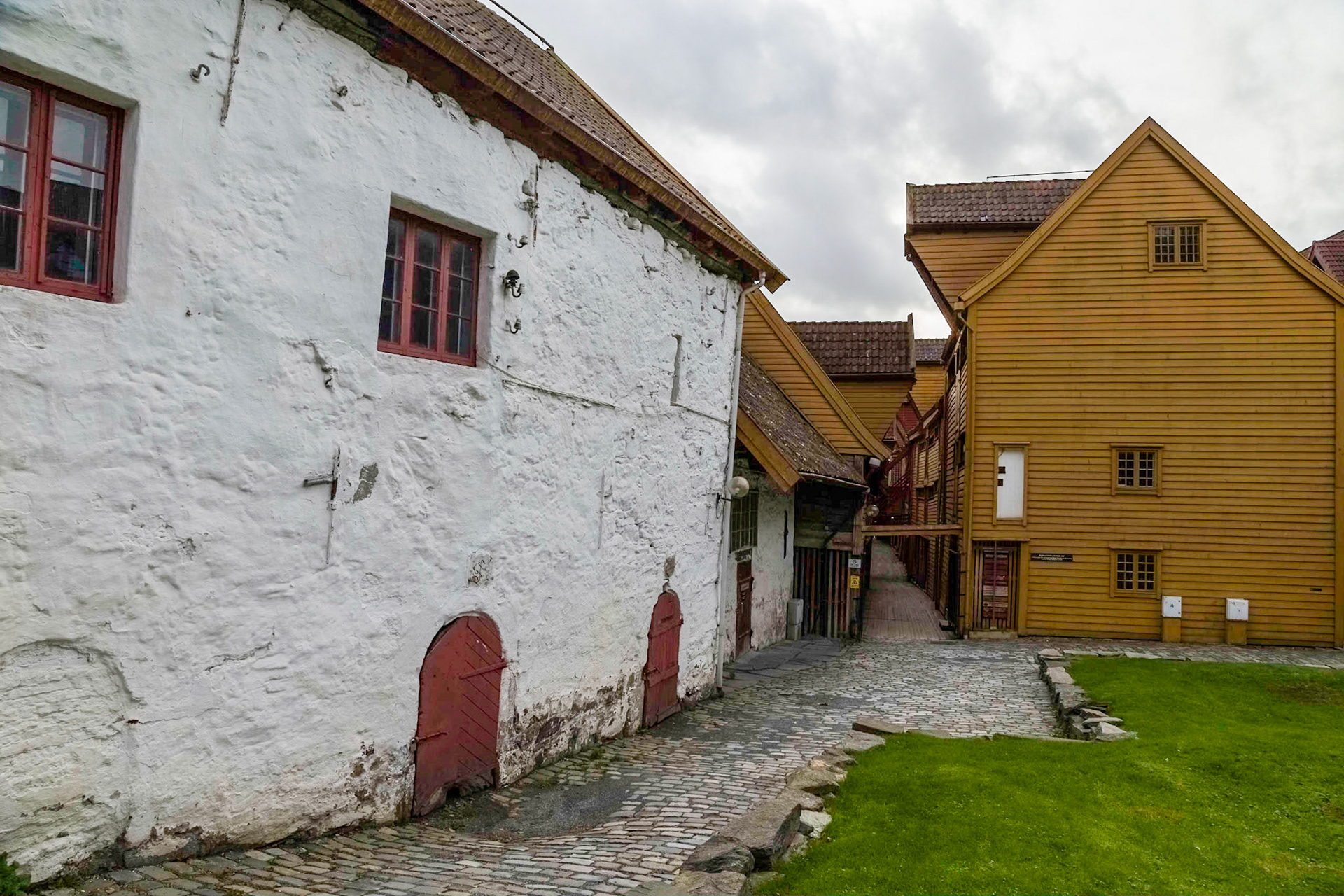 Amongst the historic old buildings of Hansevietrel Bryggen wharf of Bargen harbour