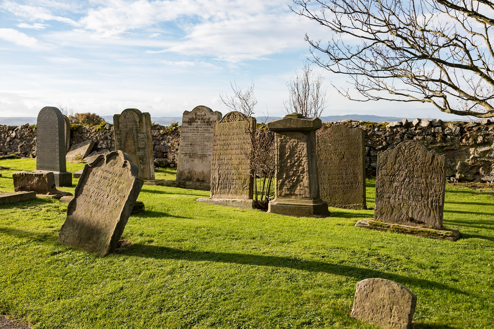 In the grounds of the Parish Church of St Mary the Virgin. Holy Island.