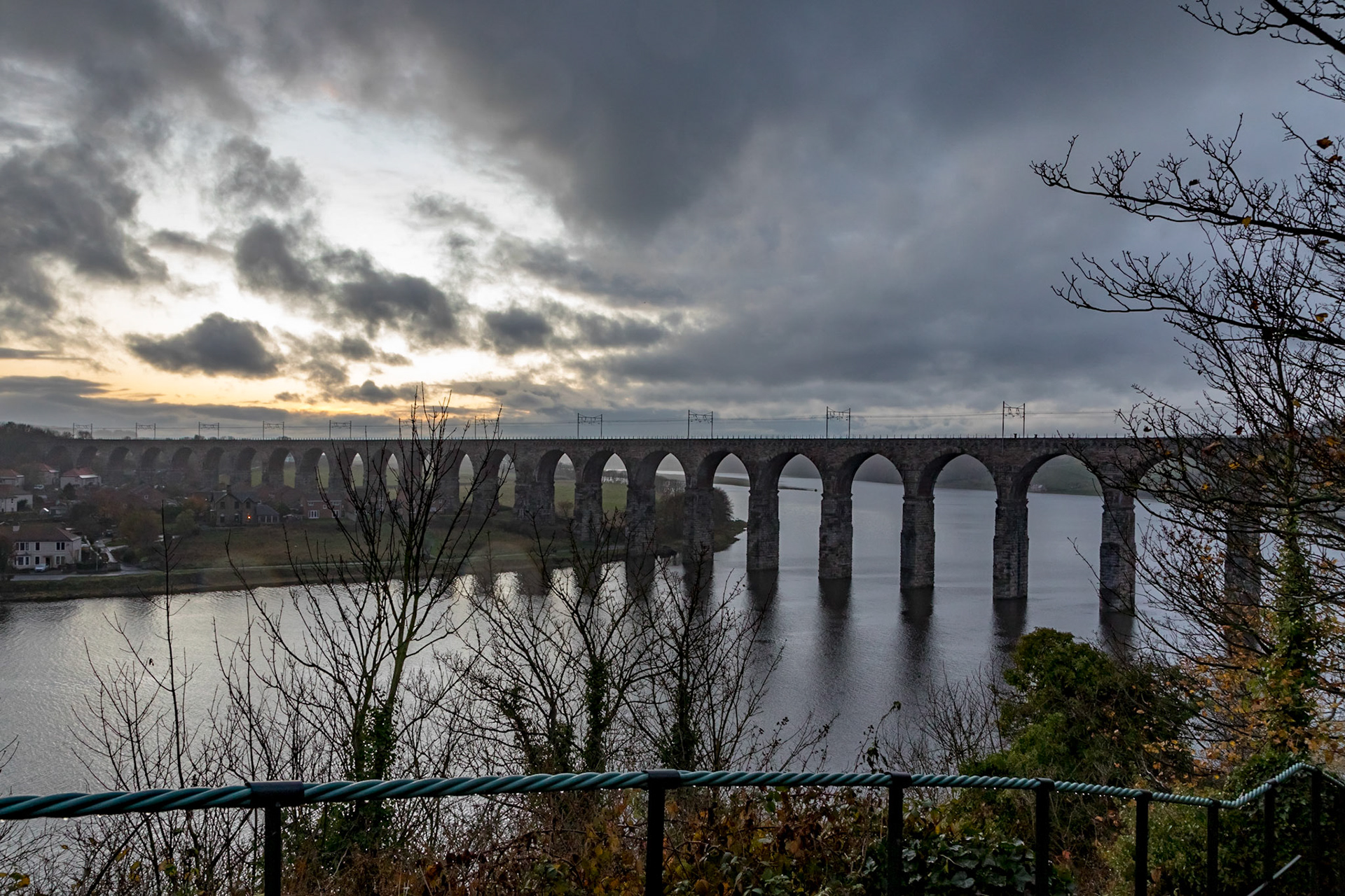 Railway viaduct over the River Tweed at dusk