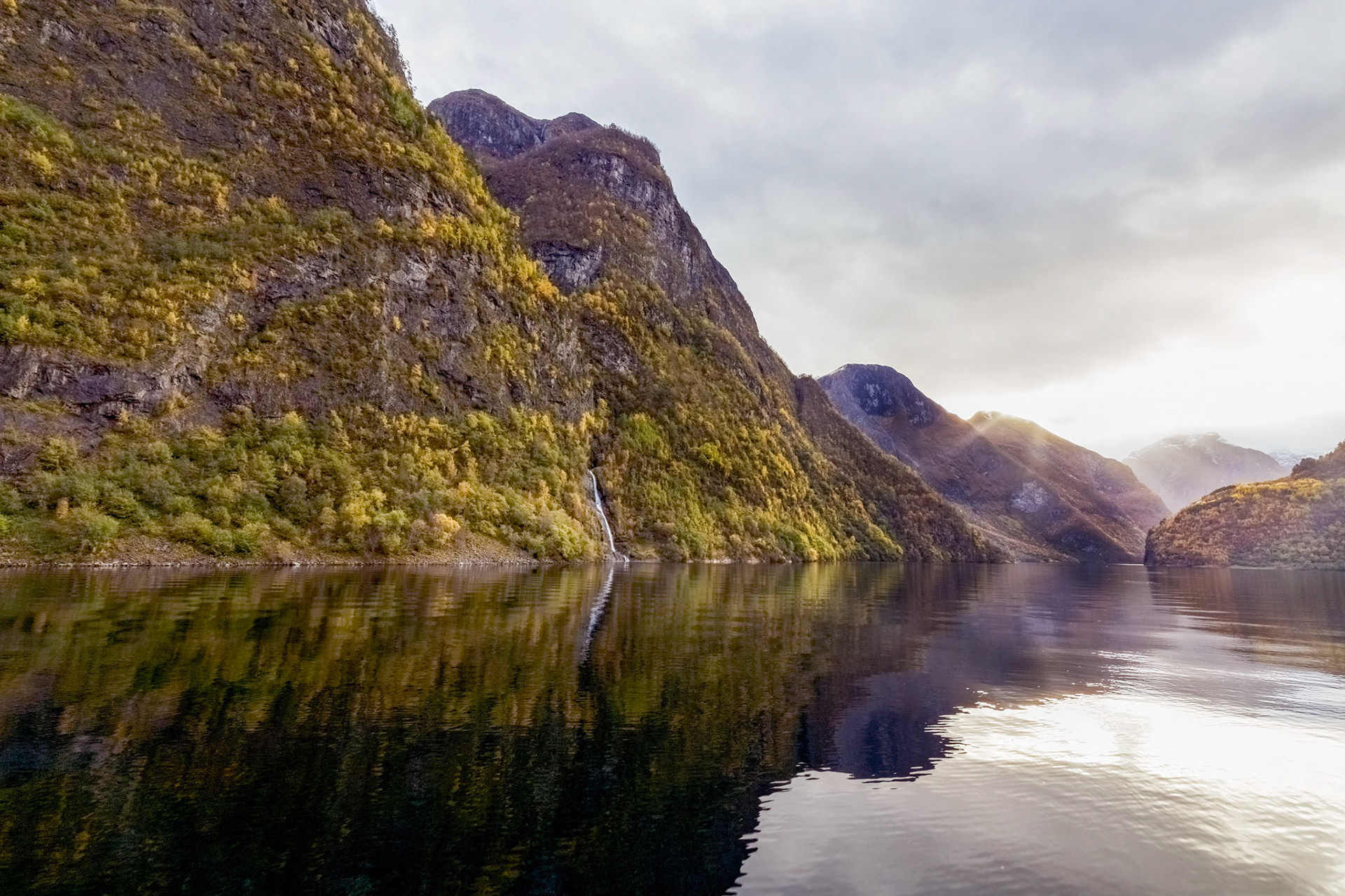 Passing through the Nærøyfjord. On the 'Vision of the Fjords' boat from Flåm to Gudvangen, late afternoon.