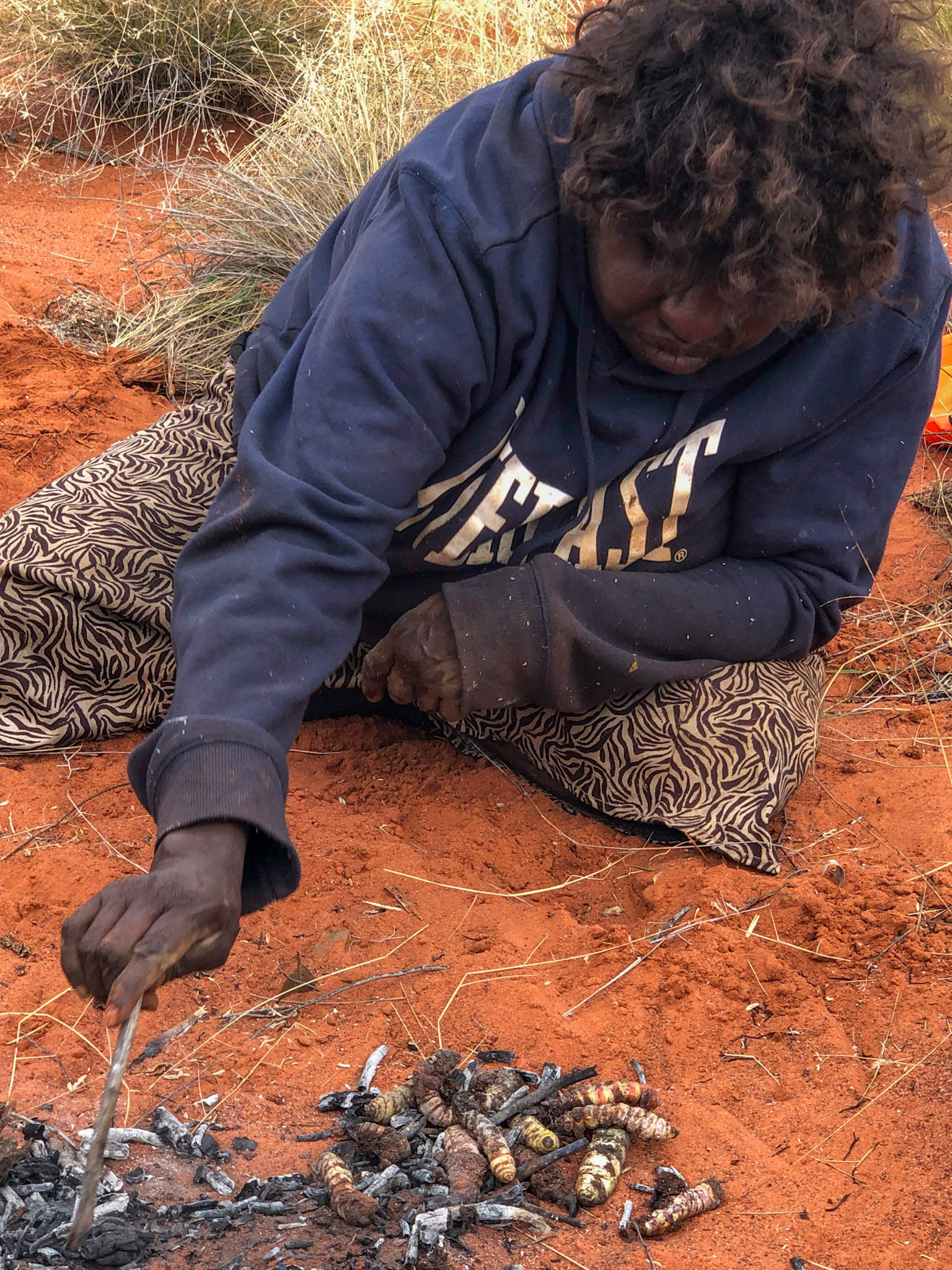 Yukultji cooking witchety grubs