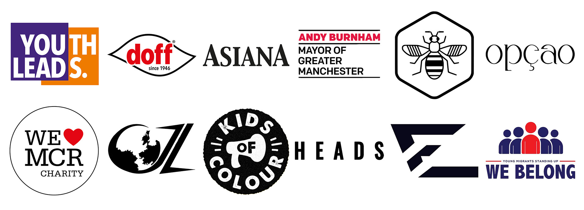 Client logos and brands photographed by NaumsLens, including Youth Leads UK, Doff, Asiana Magazine, Mayor of Greater Manchester Andy Burnham, The Bee Network, Opçao, We Love MCR Charity, CZ, Kids of Colour, Heads, Evolute, and We Belong.