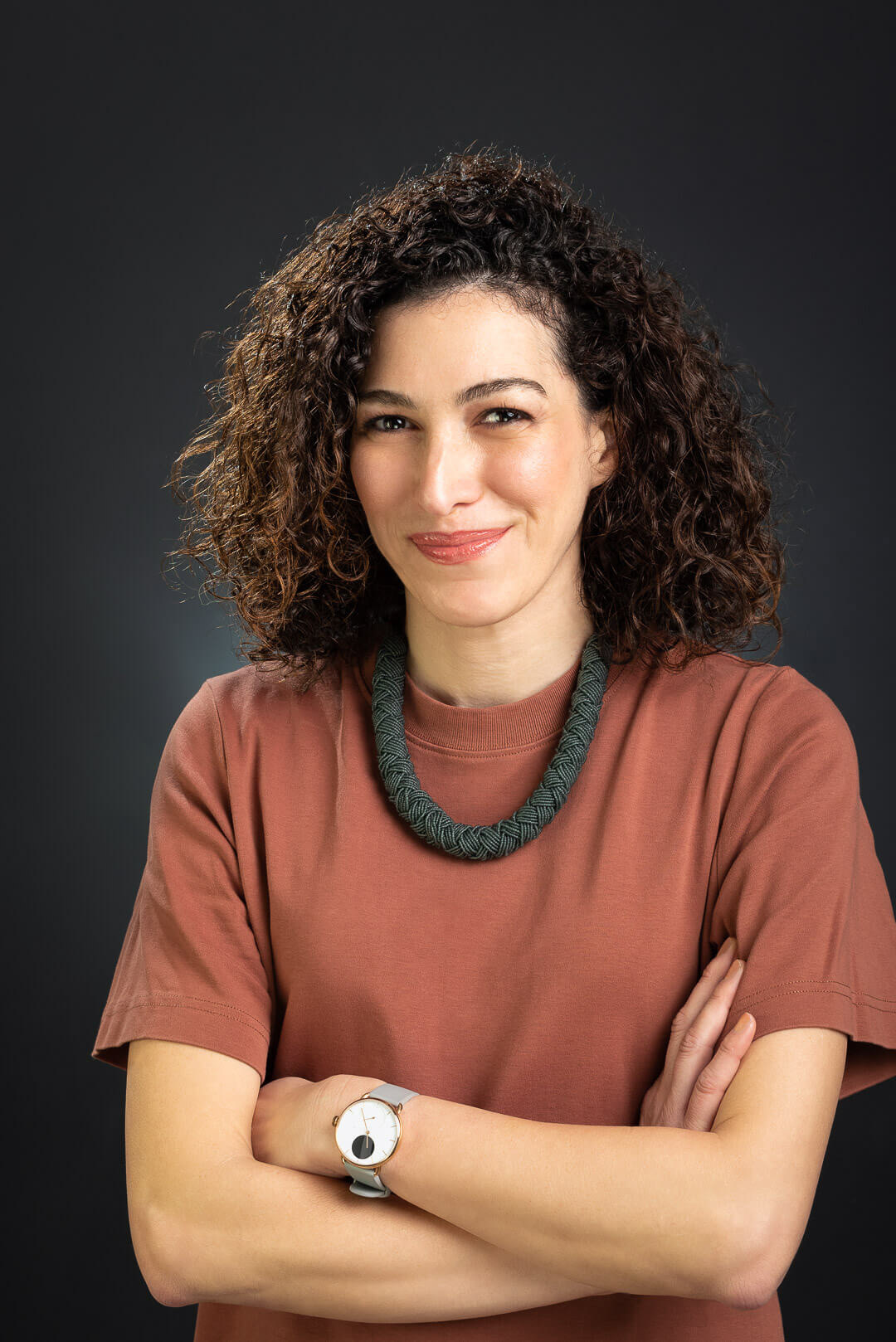 business photo, headshot, portrait, fun shoot, chic casual, curly hair, rust top