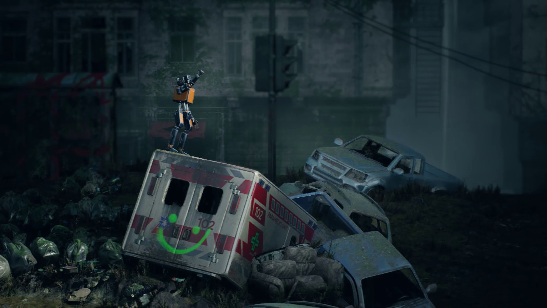 Robotic character standing on a derelict ambulance in a desolate urban environment, crafted in Unreal Engine 5 by Johnny Liang