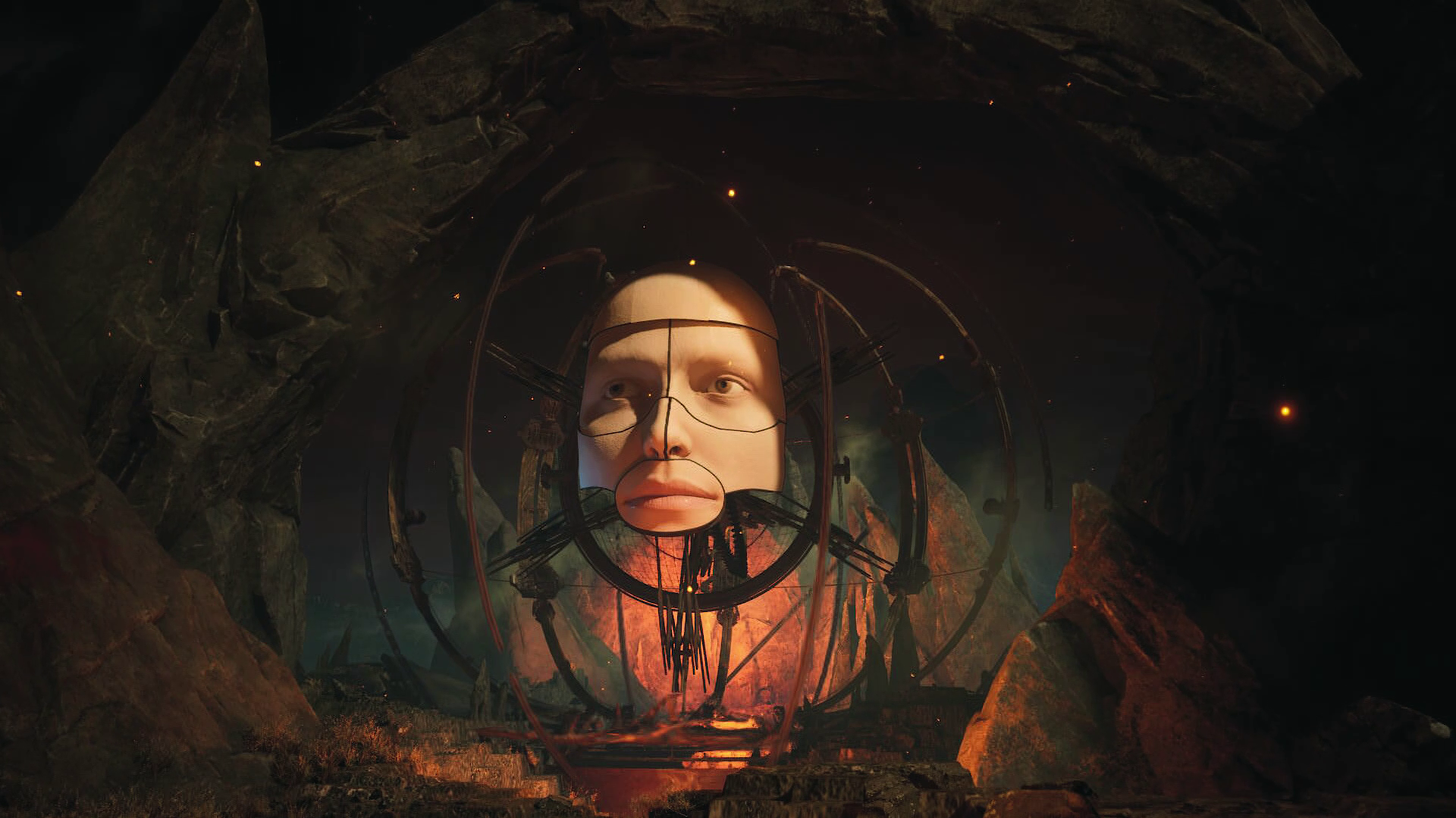 Artistic representation of a segmented face within a circular frame, amidst a dystopian setting, rendered by Johnny Liang