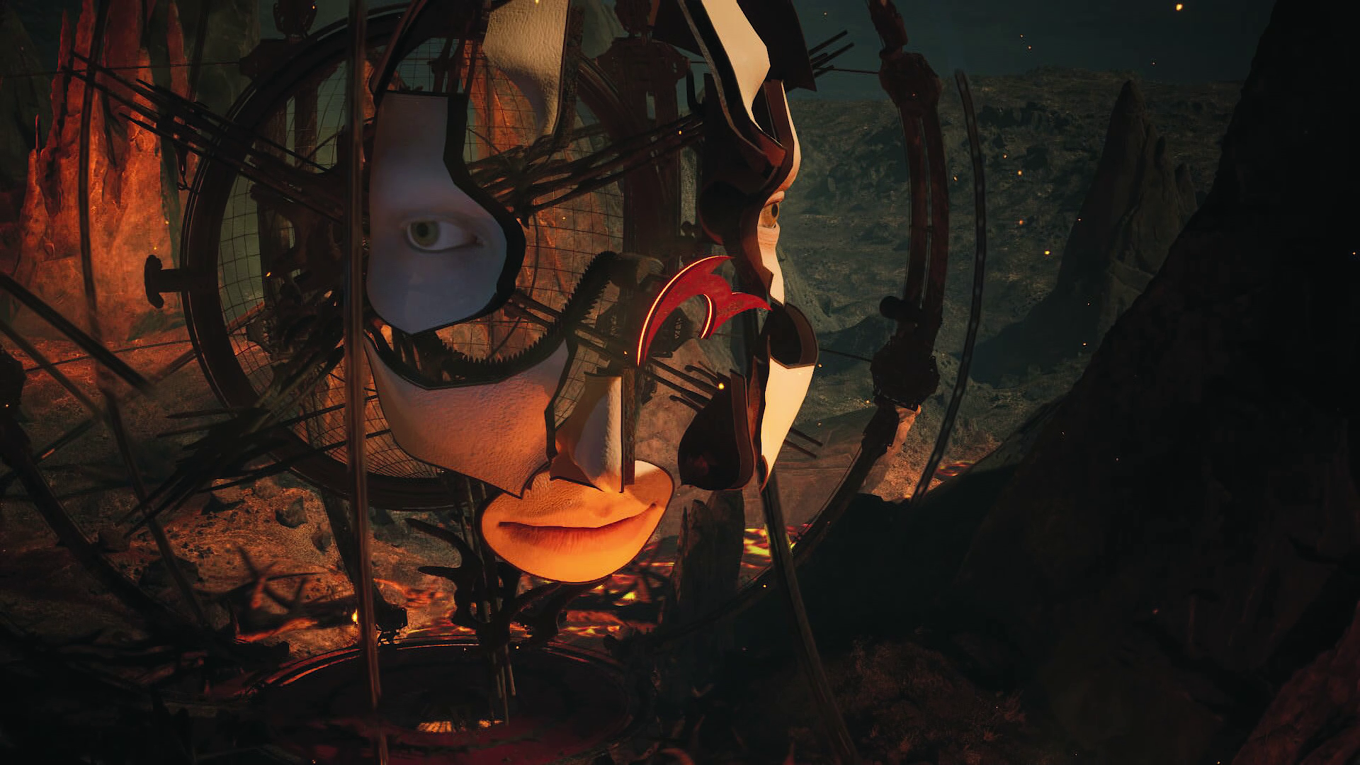 Fragmented visage in a dark, industrial setting with fiery undertones, by Johnny Liang