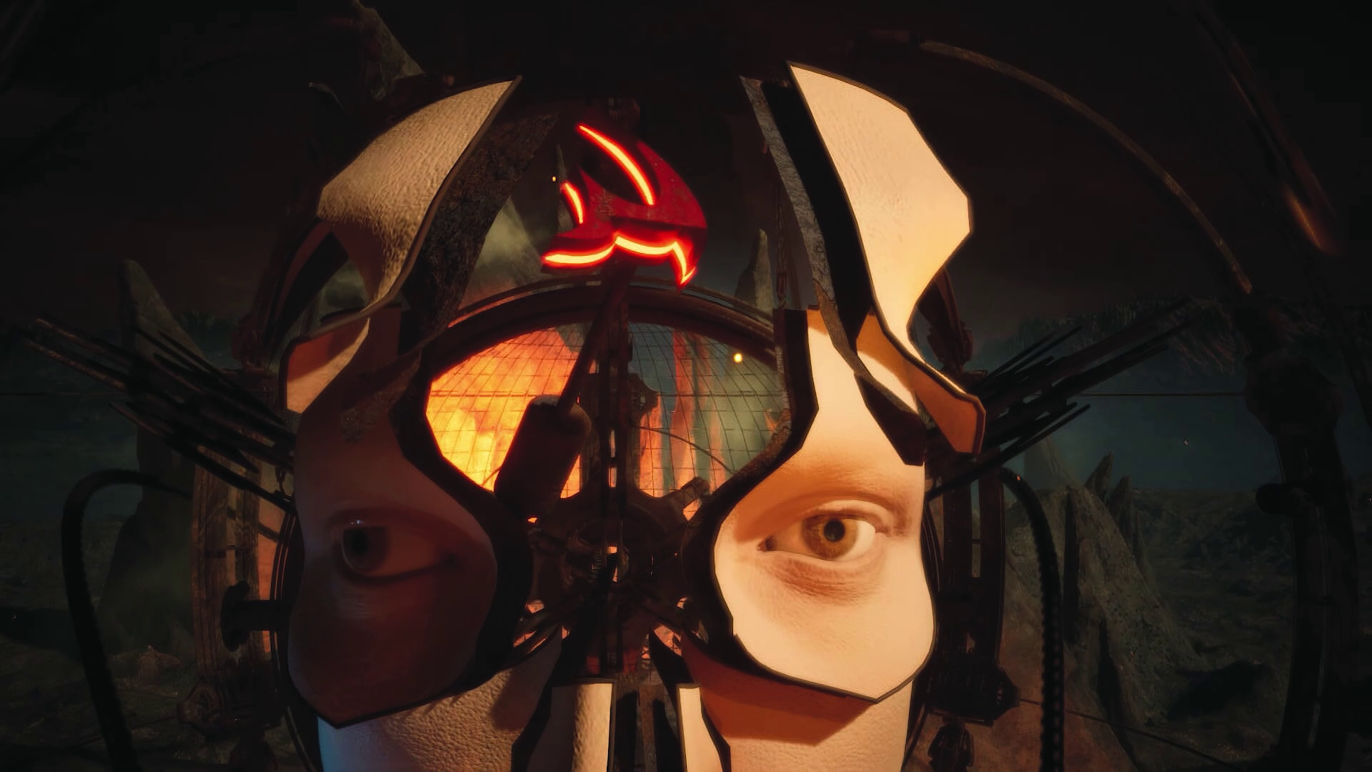 Abstract face pieces in a mechanical halo with red glow, Unreal Engine 5 artwork by Johnny Liang