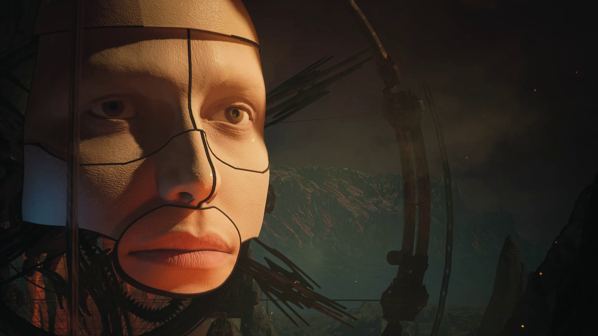 Close-up of a fragmented digital face with a serene expression, set within a sci-fi structure, by Johnny Liang