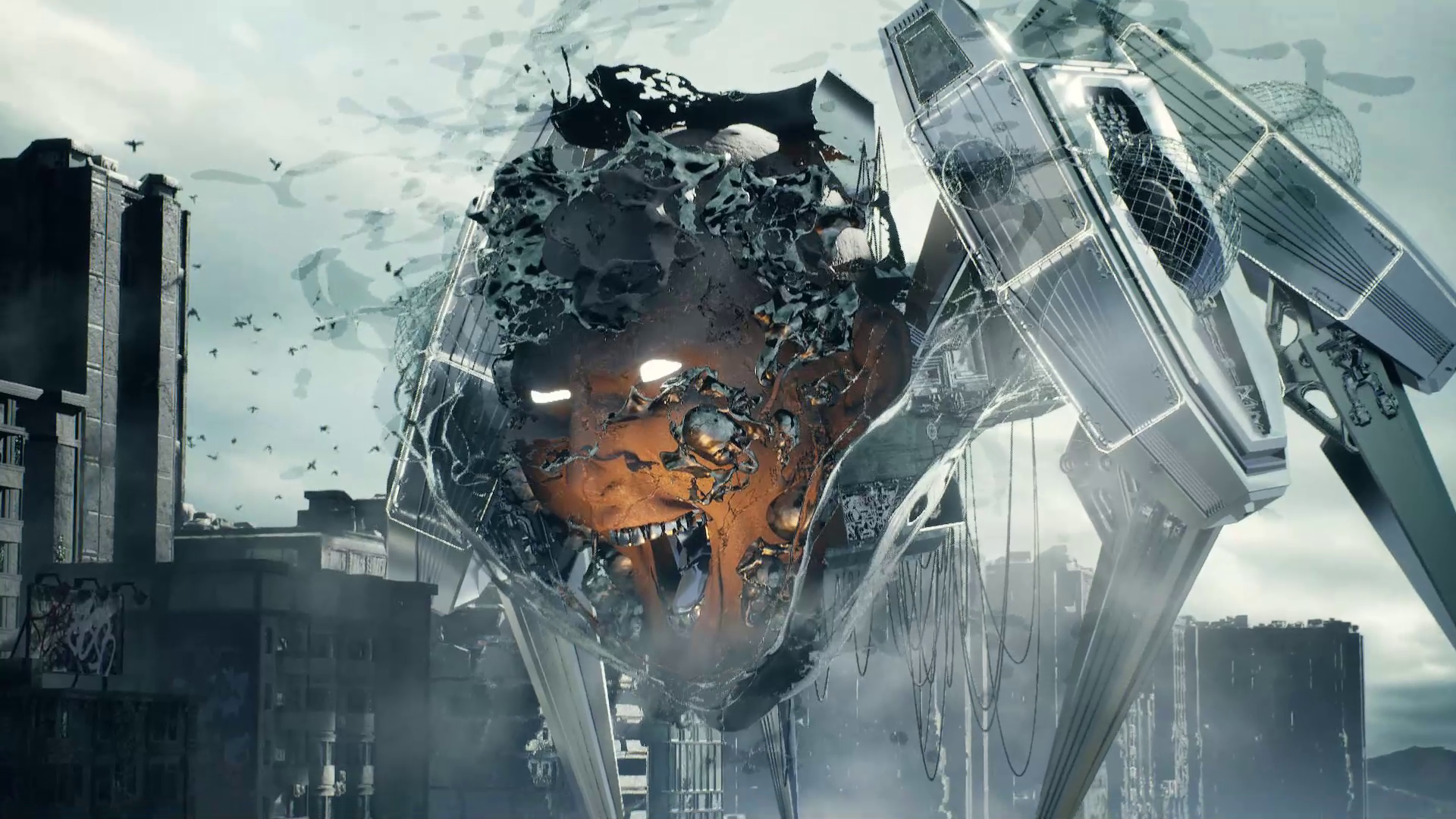 Johnny Liang's Unreal Engine 5 creation: a solitary robot gazes at a decaying mechanical giant in an urban wasteland