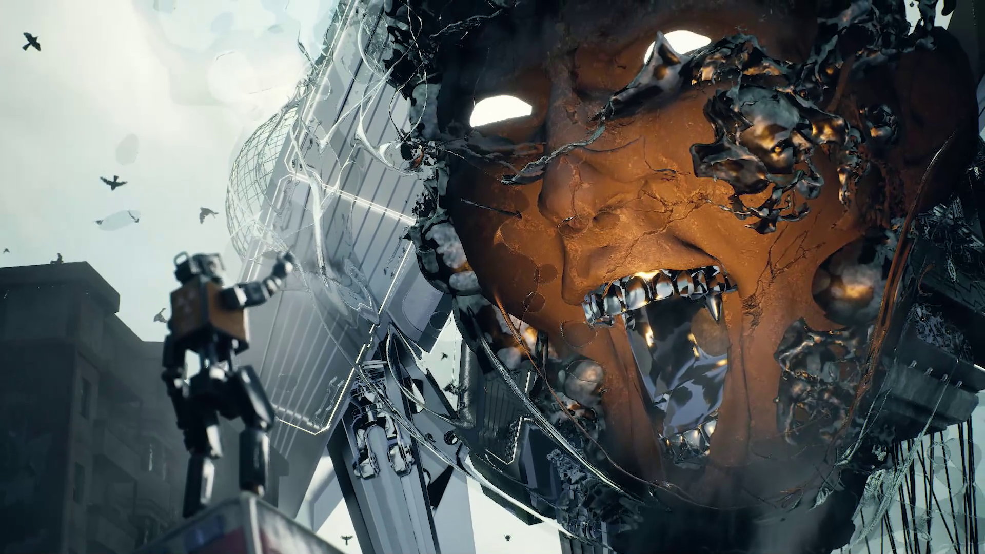 Dramatic face-off between a robot and a fragmented mechanical colossus in a desolate city, visualized by Johnny Liang with Unreal Engine 5