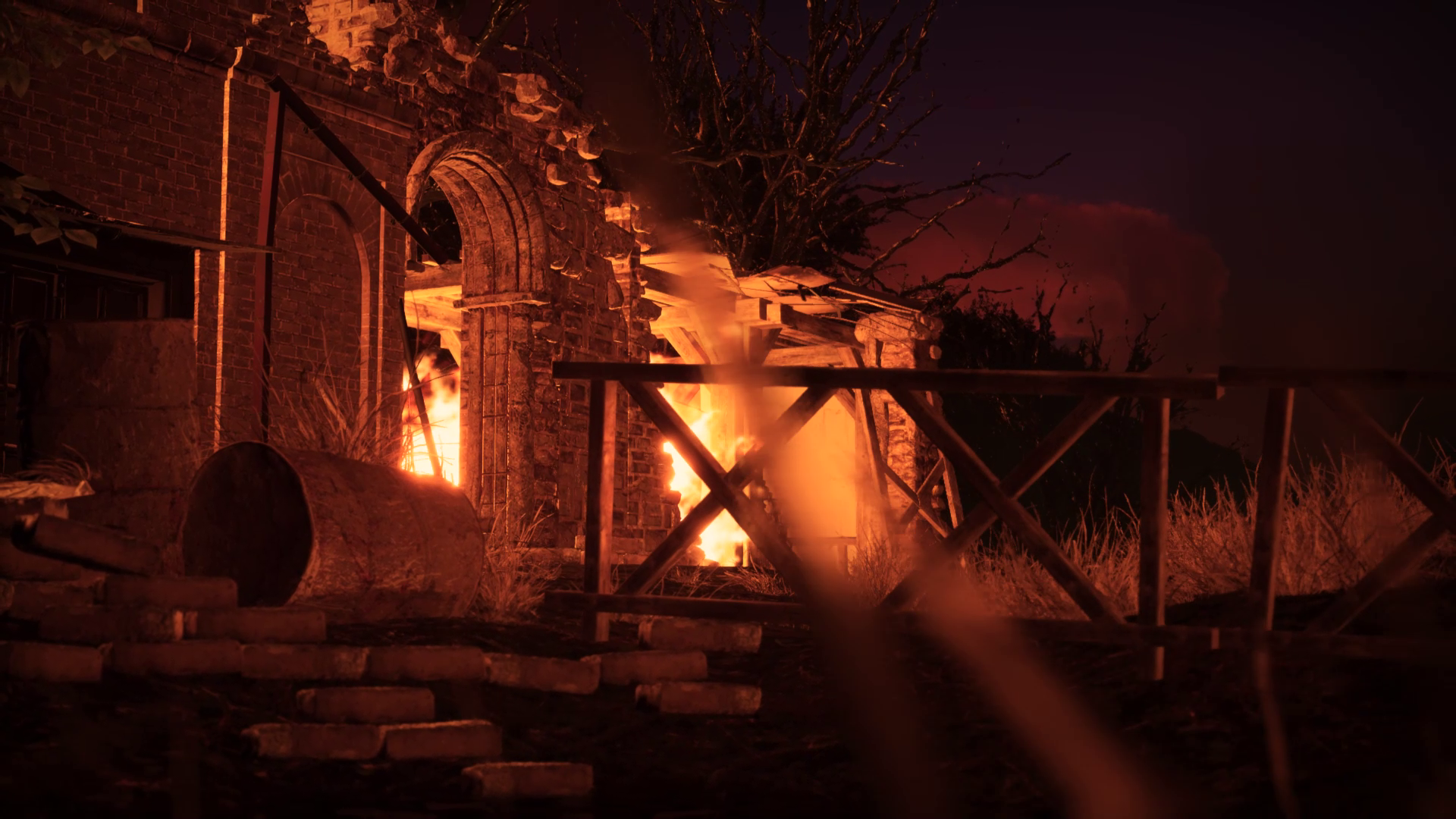 Gothic building ablaze at night, an Unreal Engine 5 creation by Johnny Liang