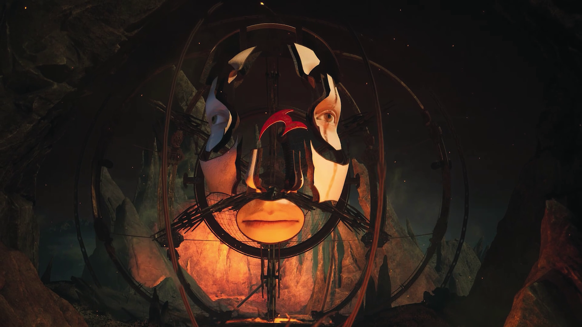 Surreal fragmented face sculpture with ominous red lighting, designed in Unreal Engine 5