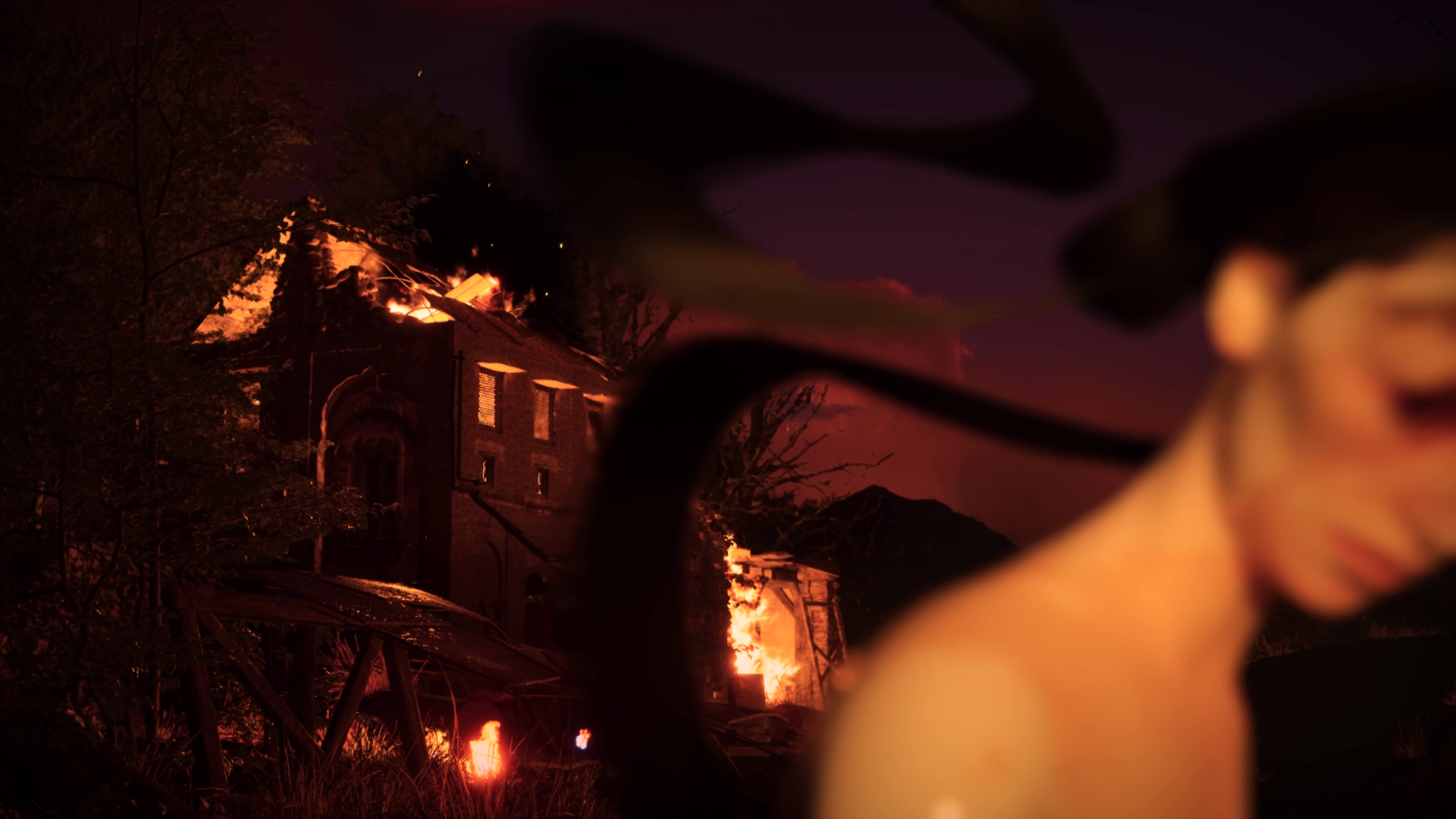 Eerie side profile of a fantastical figure with a burning structure, by Johnny Liang in Unreal Engine 5