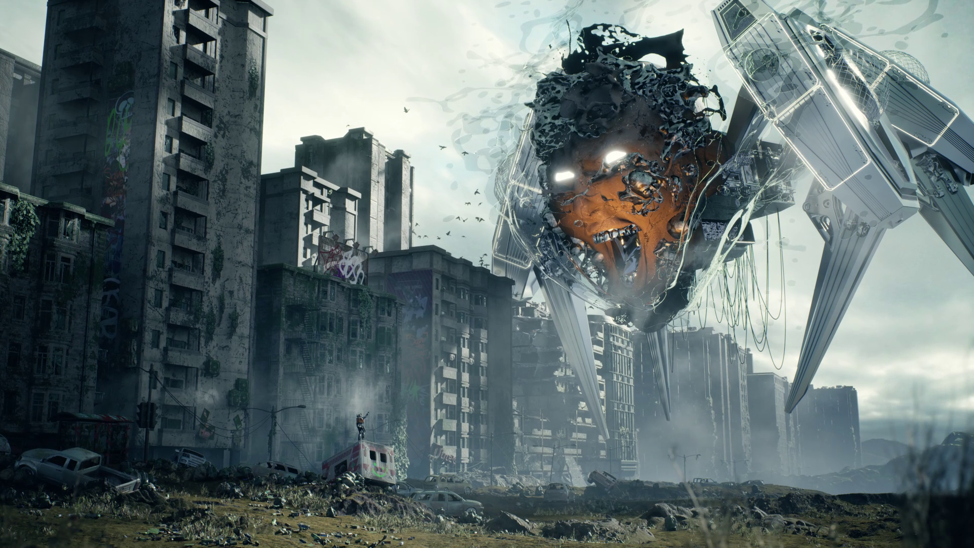 Unreal Engine 5 depiction of a robot confronting a massive, decaying automaton head in a ruined cityscape, by Johnny Liang