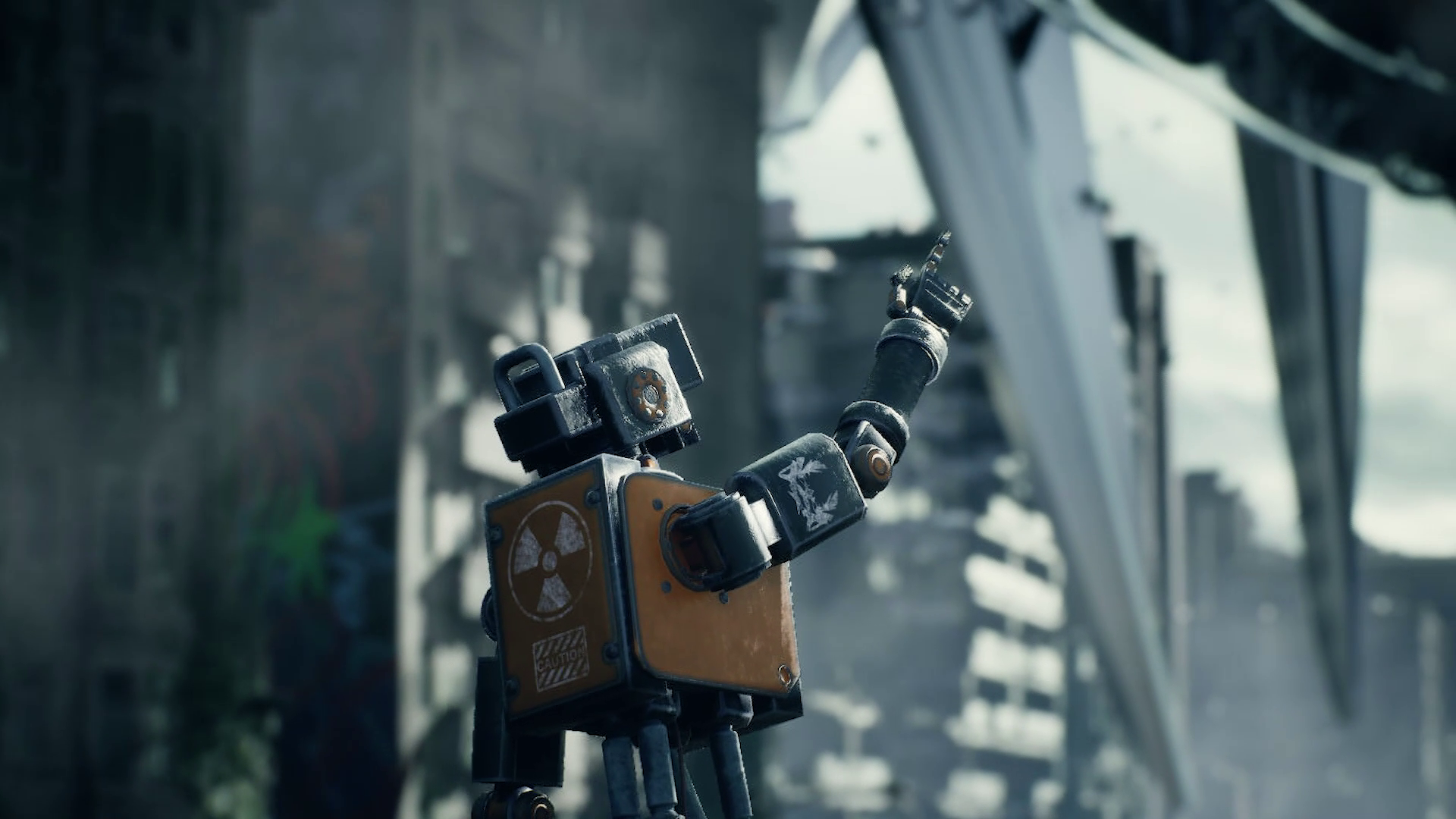 Detailed close-up of a robotic figure with a hazard emblem, set against a dystopian backdrop, animated by Johnny Liang in Unreal Engine 5